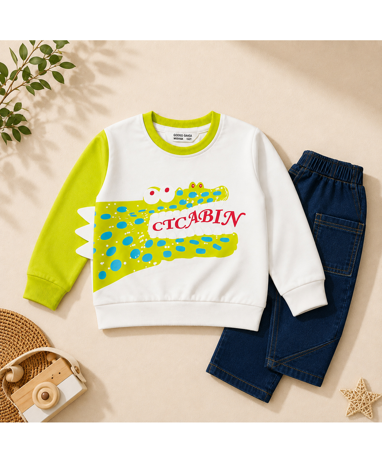 Googo Gaaga Cotton Full Sleeves Dinosaur Printed & Applique Detailed Sweatshirt Joggers Set - Cream-image-13