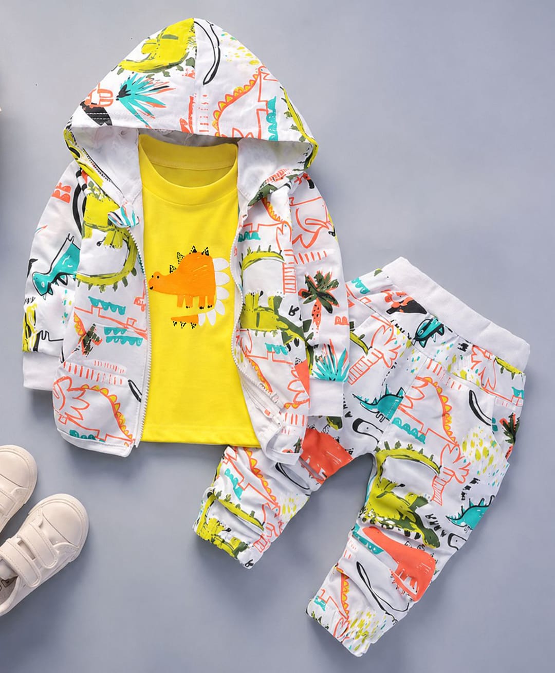 Googo Gaaga Cotton Knit Full Sleeves Light Winter All Over Dino Printed Hooded Sweatshirt, Tshirt With Jogger - White-picture-25