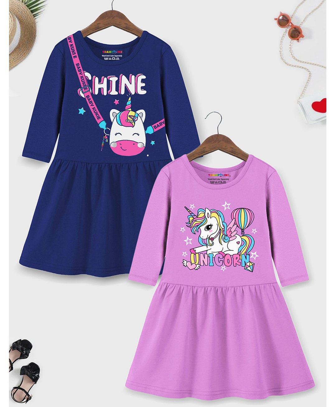 Trampoline Pack Of 2 Three Fourth Sleeves Shine & Unicorn Text Printed Dress - Purple & Blue-picture-31