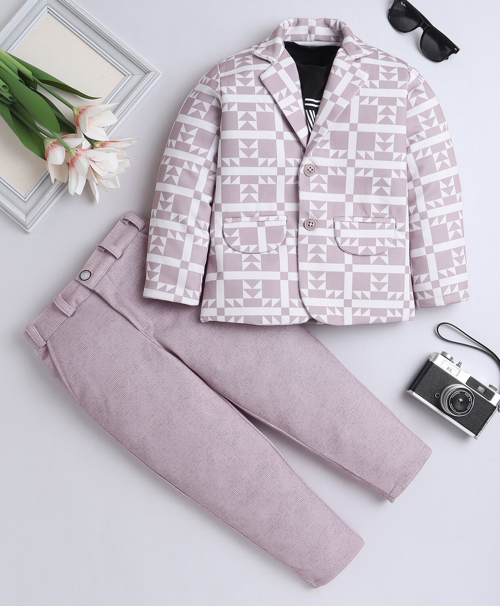 Fourfolds Cotton One Level Text Printed Tee & Trousers With Full Sleeves Blazer Set - Rosy Brown-picture-18
