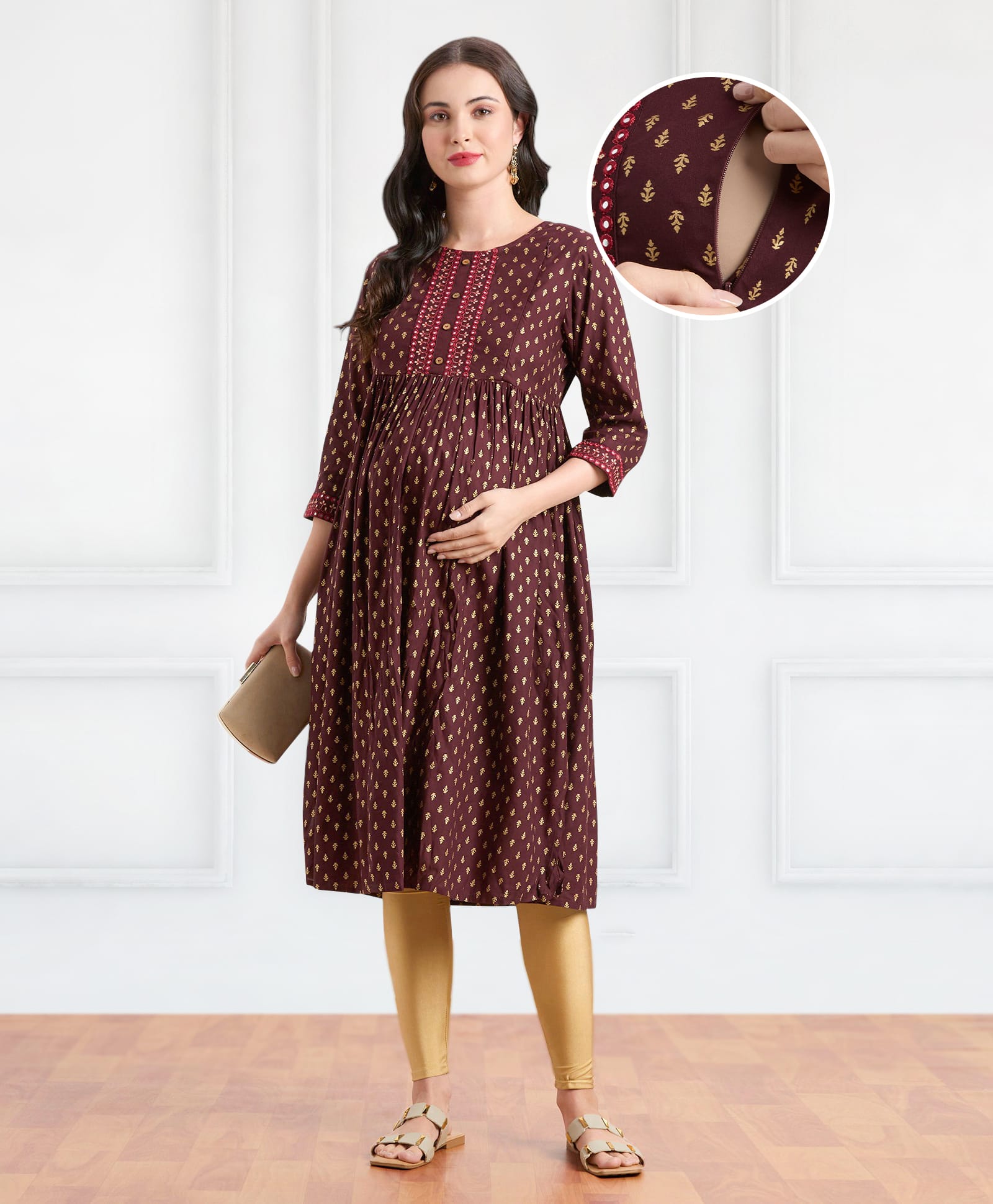 Bella Mama Woven Three Fourth Sleeves Printed Maternity Kurta With Embroidered Placket & Pocket- Wine-picture-45