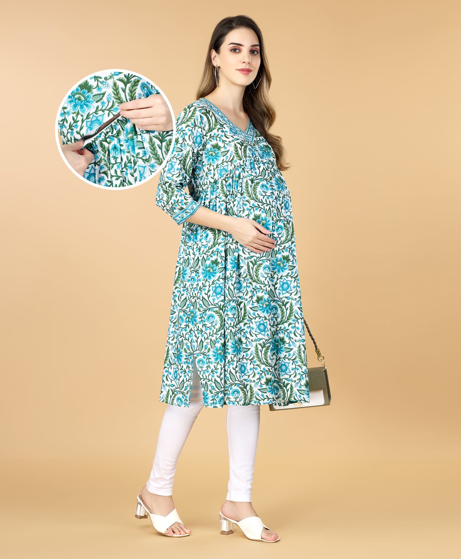 Bella Mama Viscose Woven Three Fourth Sleeves Floral Printed Maternity Kurta with Higlighted Neck & Pocket- White-picture-40