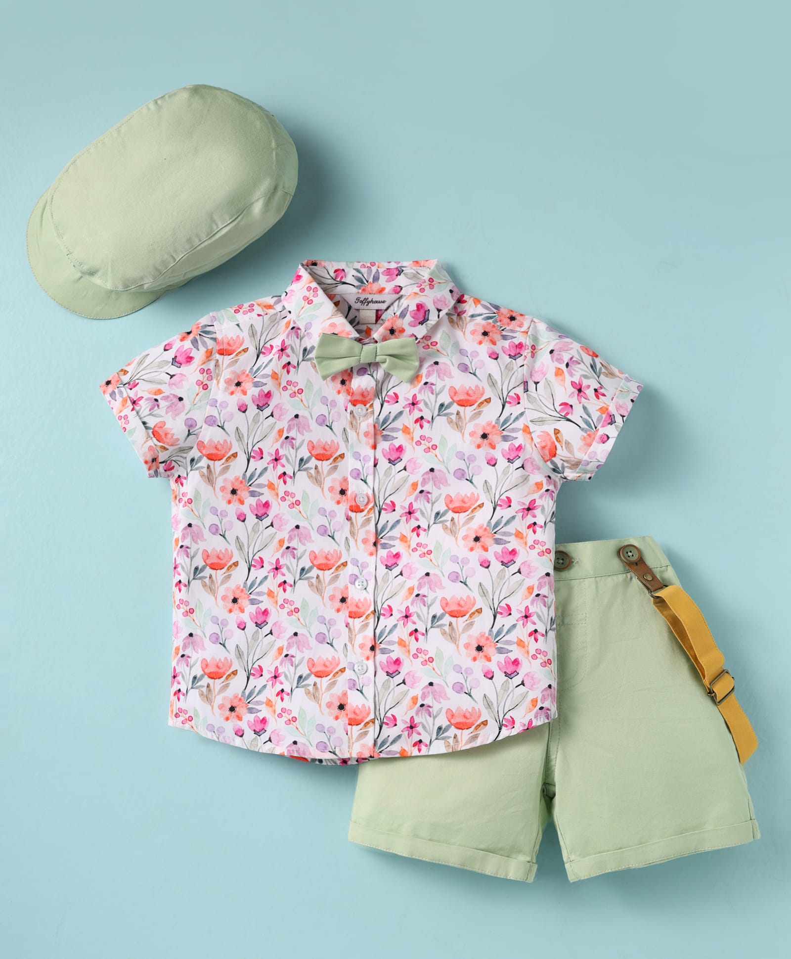 ToffyHouse 100% Cotton Woven Half Sleeves Floral Printed Shirt & Shorts Set with Hat Bow & Suspender - Light Green-picture-19