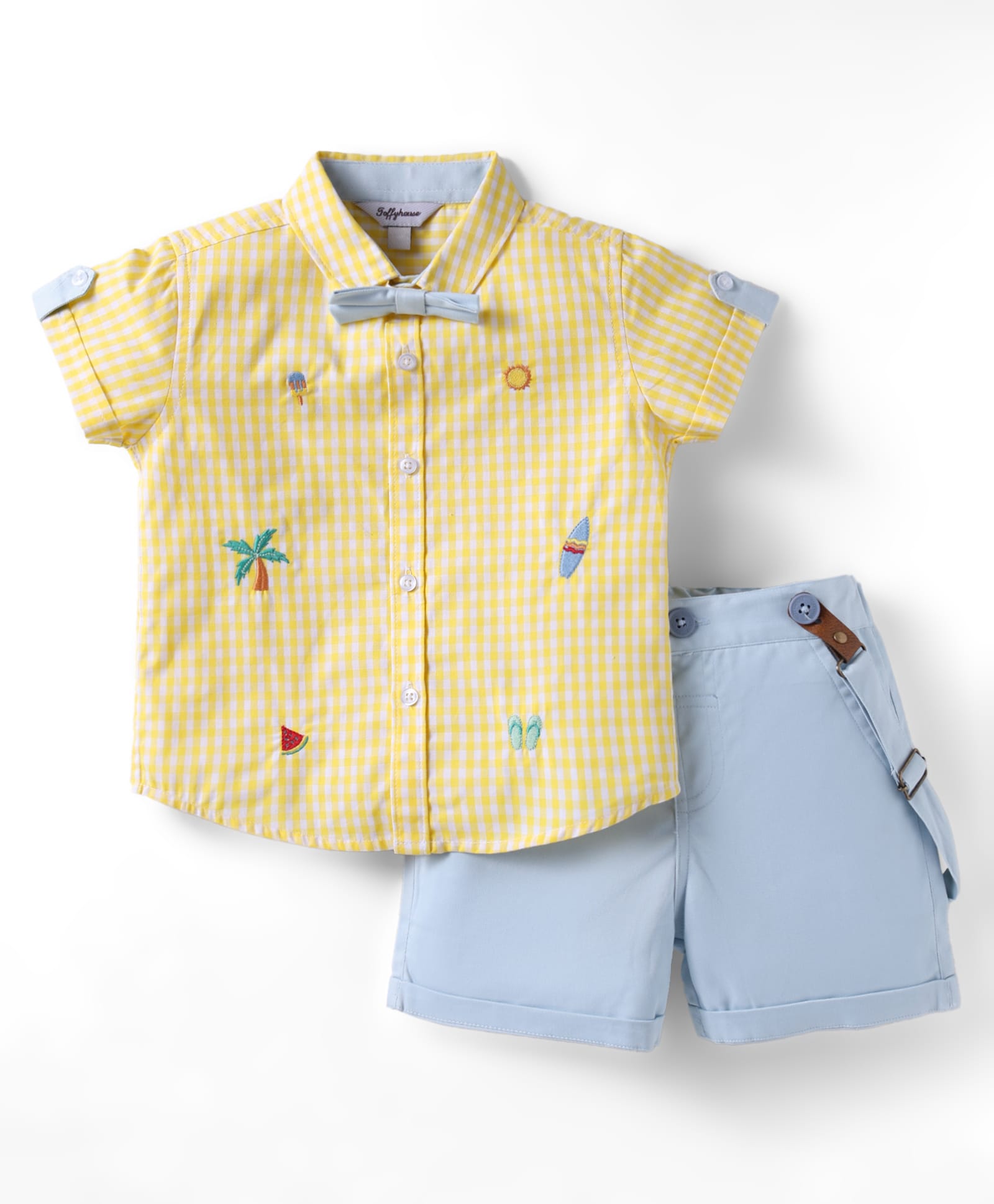 ToffyHouse 100% Cotton Woven Half Sleeves Checkered Shirt & Shorts Set With Beach Theme Embroidery & Bow & Suspender - Sky Blue & Yellow-picture-24