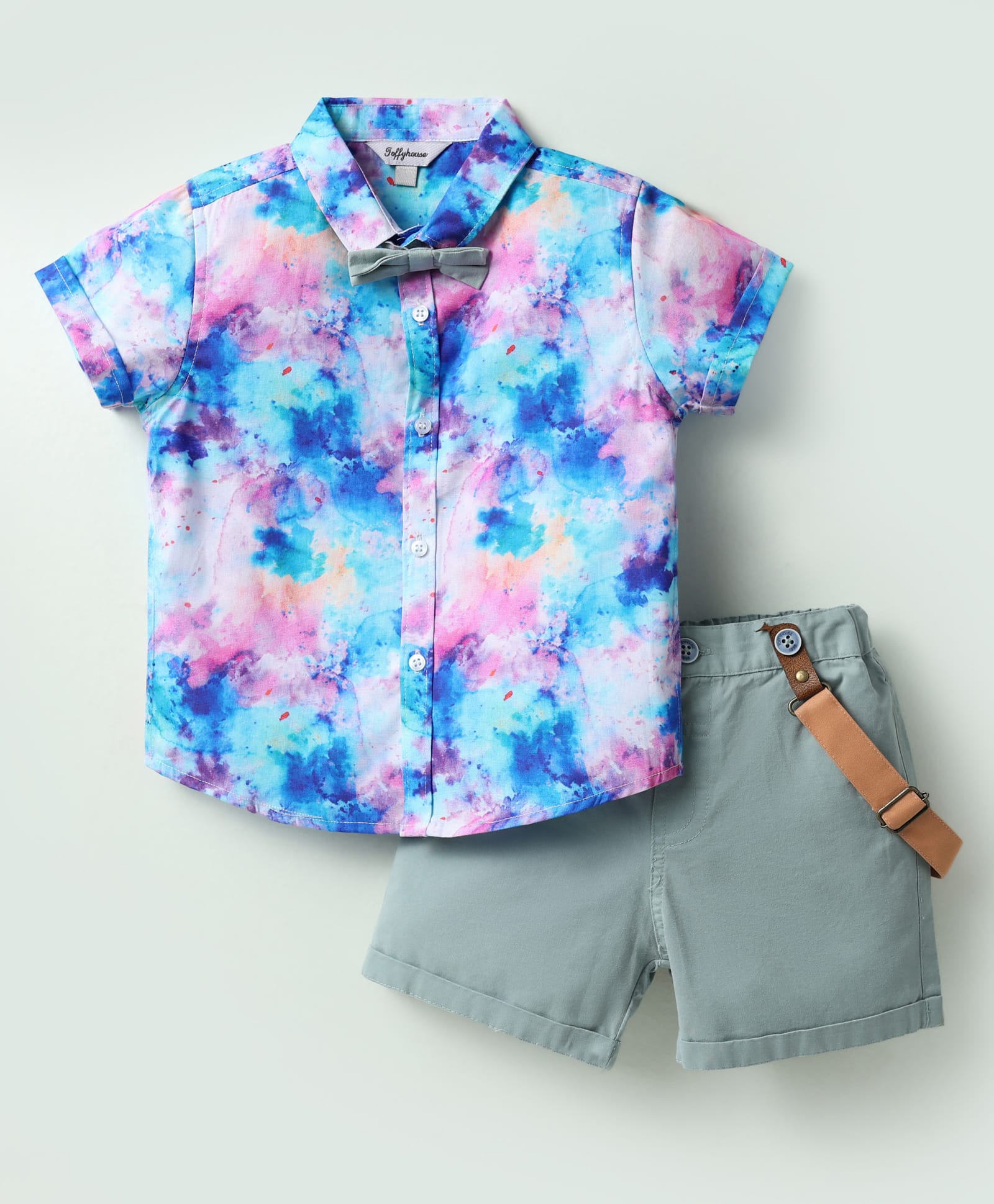ToffyHouse 100% Cotton Knit Half Sleeves Printed Shirt & Shorts Set with Bow & Suspender - Teal Blue-picture-23