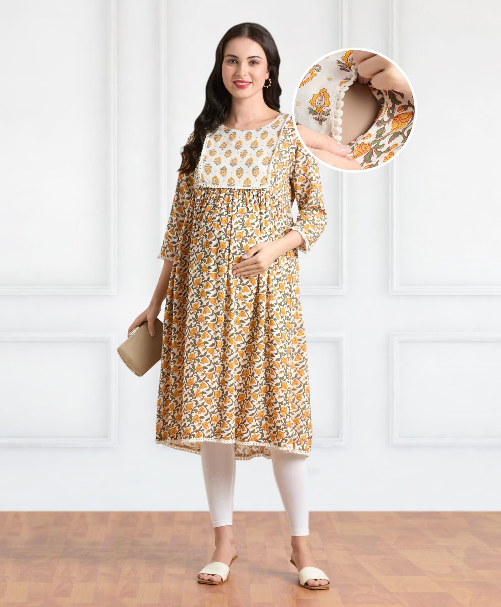 Bella Mama Woven Three Fourth Sleeves Maternity Kurta with Floral Print & Pocket - Yellow-picture-6