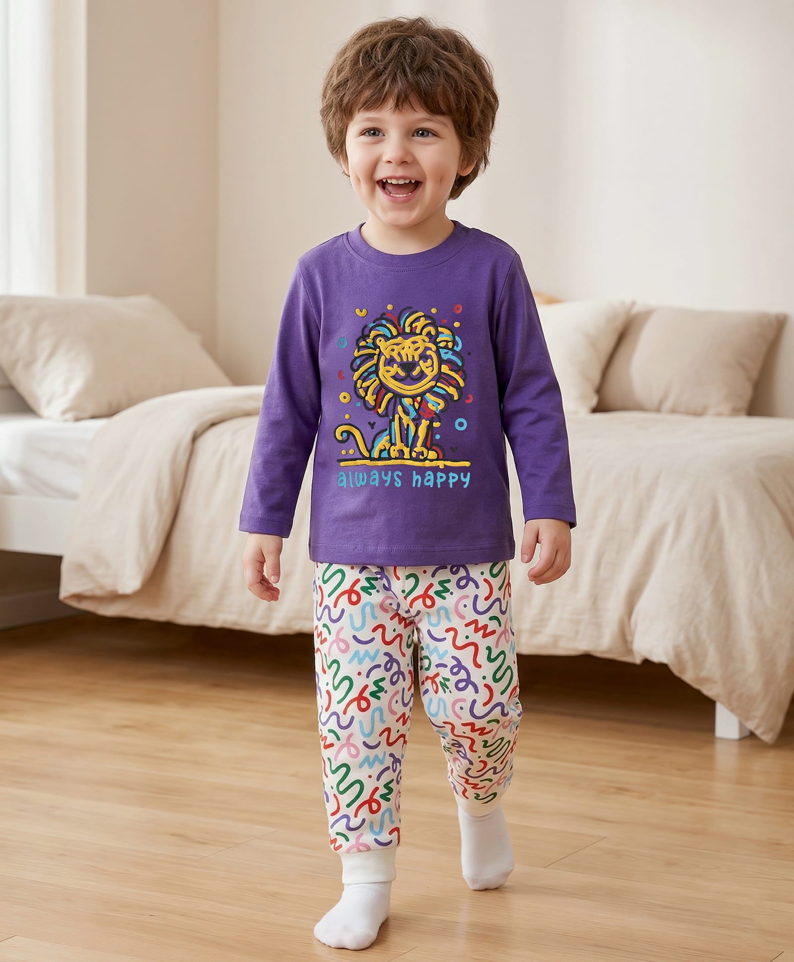 Babyoye Single Jersey Knit Night Suit With Animal Print - Purple-image-0