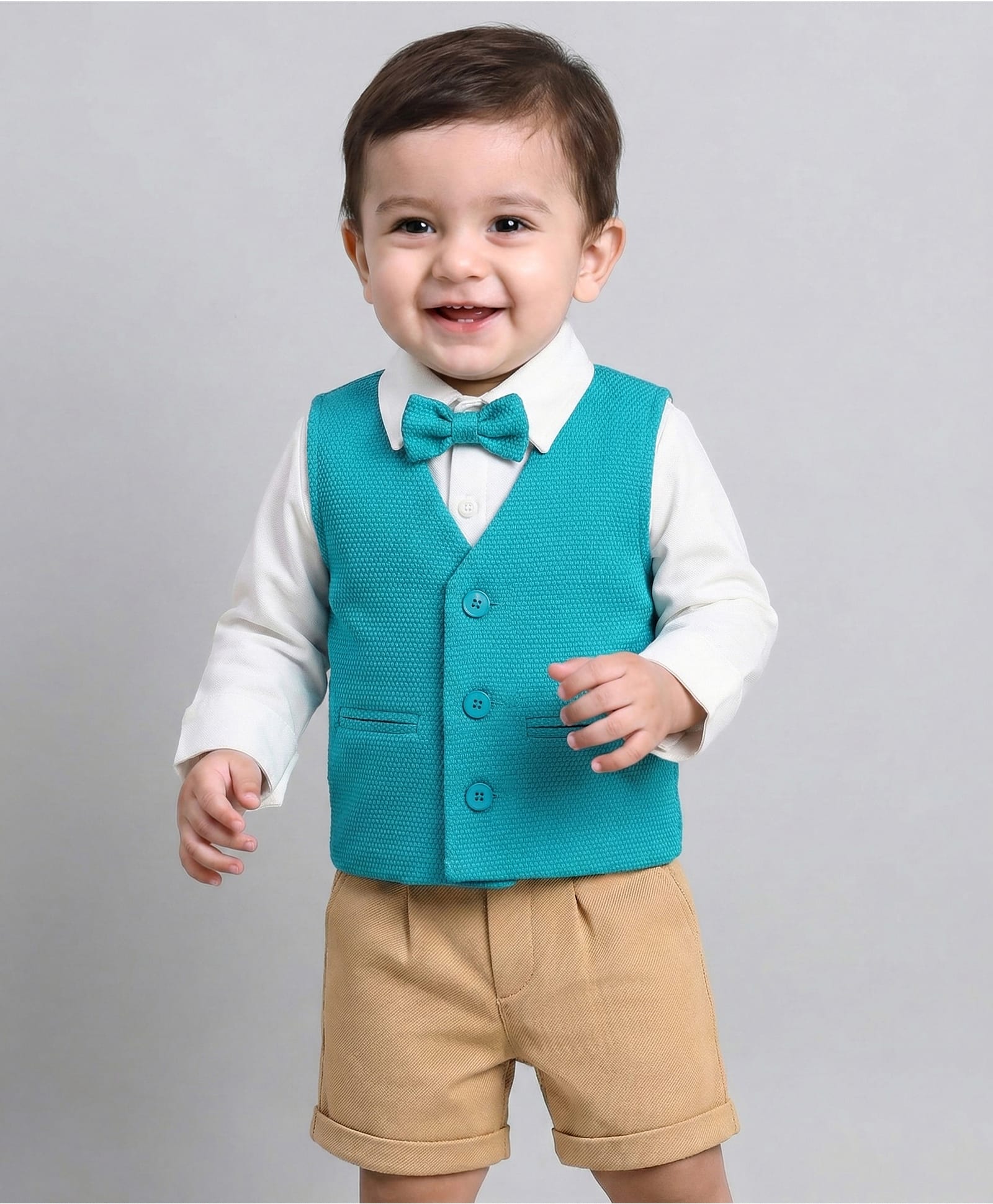Babyhug Knit Full Sleeves Solid 3 Piece Party Suit With Bow - White Blue & Beige-picture-16