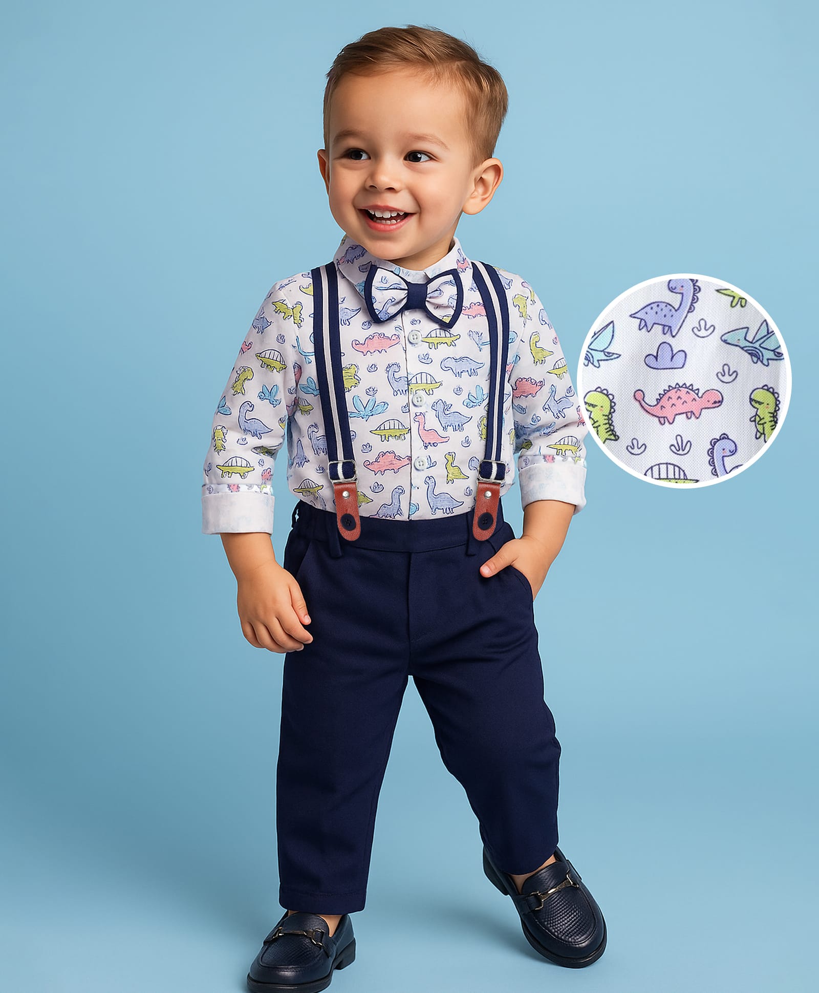 Babyhug Knit Full Sleeves Dino Printed Shirt & Pant with Bow & Suspender - Navy Blue & White-picture-30