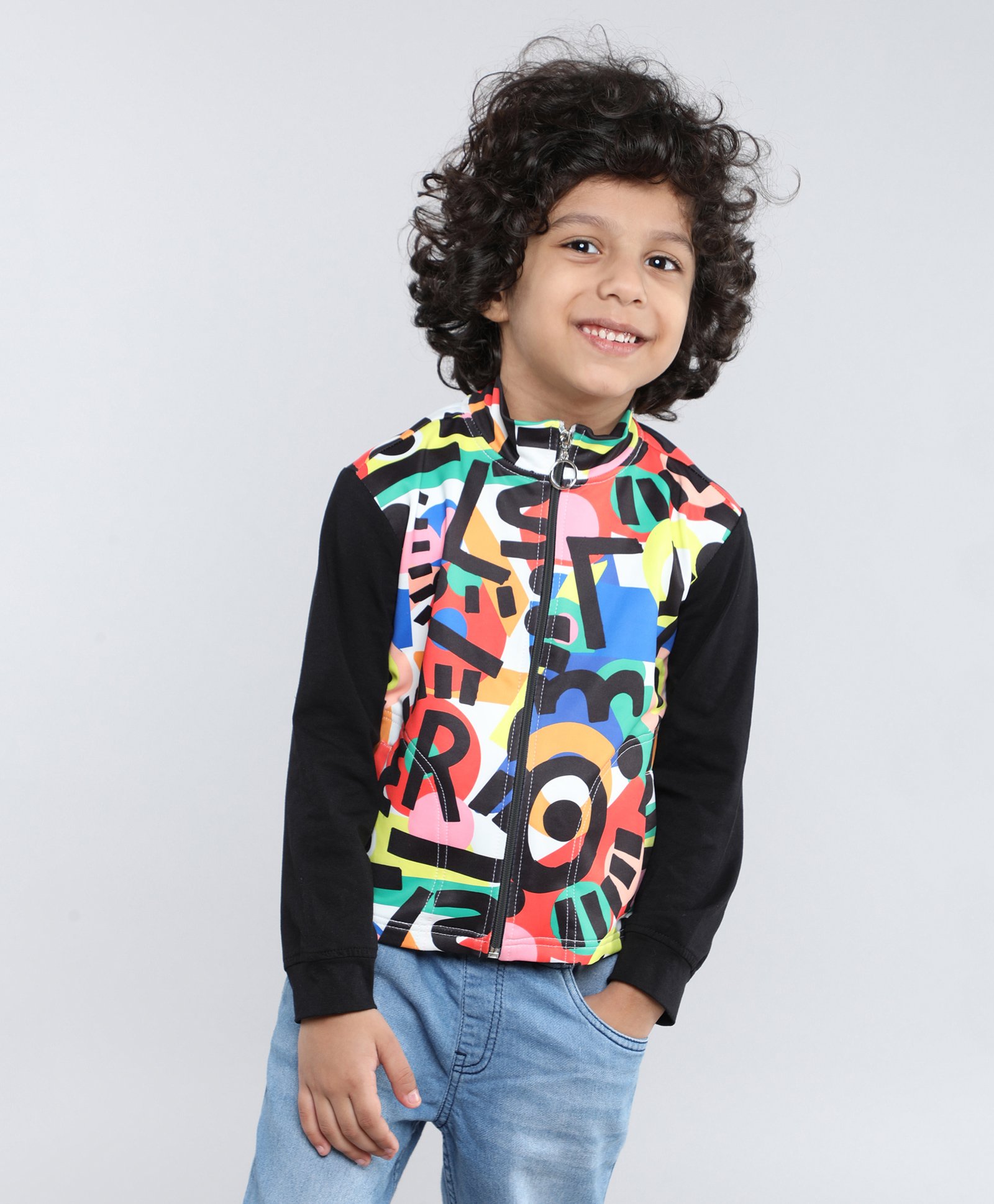 Taffykids Looper Full Sleeves Alphabets Printed Jacket - Black & Multi Colour-image-20