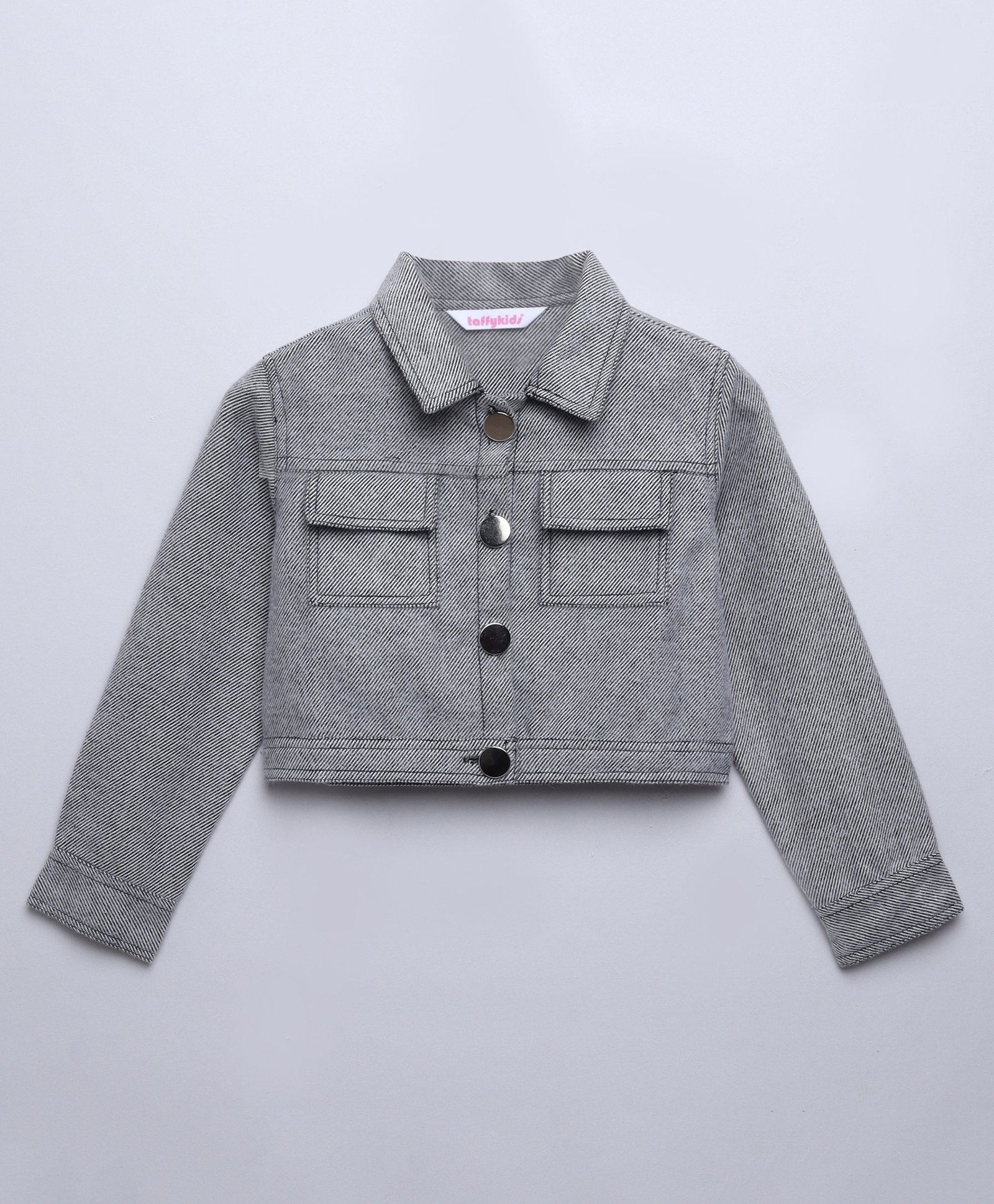 Taffykids Cotton Twill Full Sleeves Textured Crop Jacket - Black & White-image-25