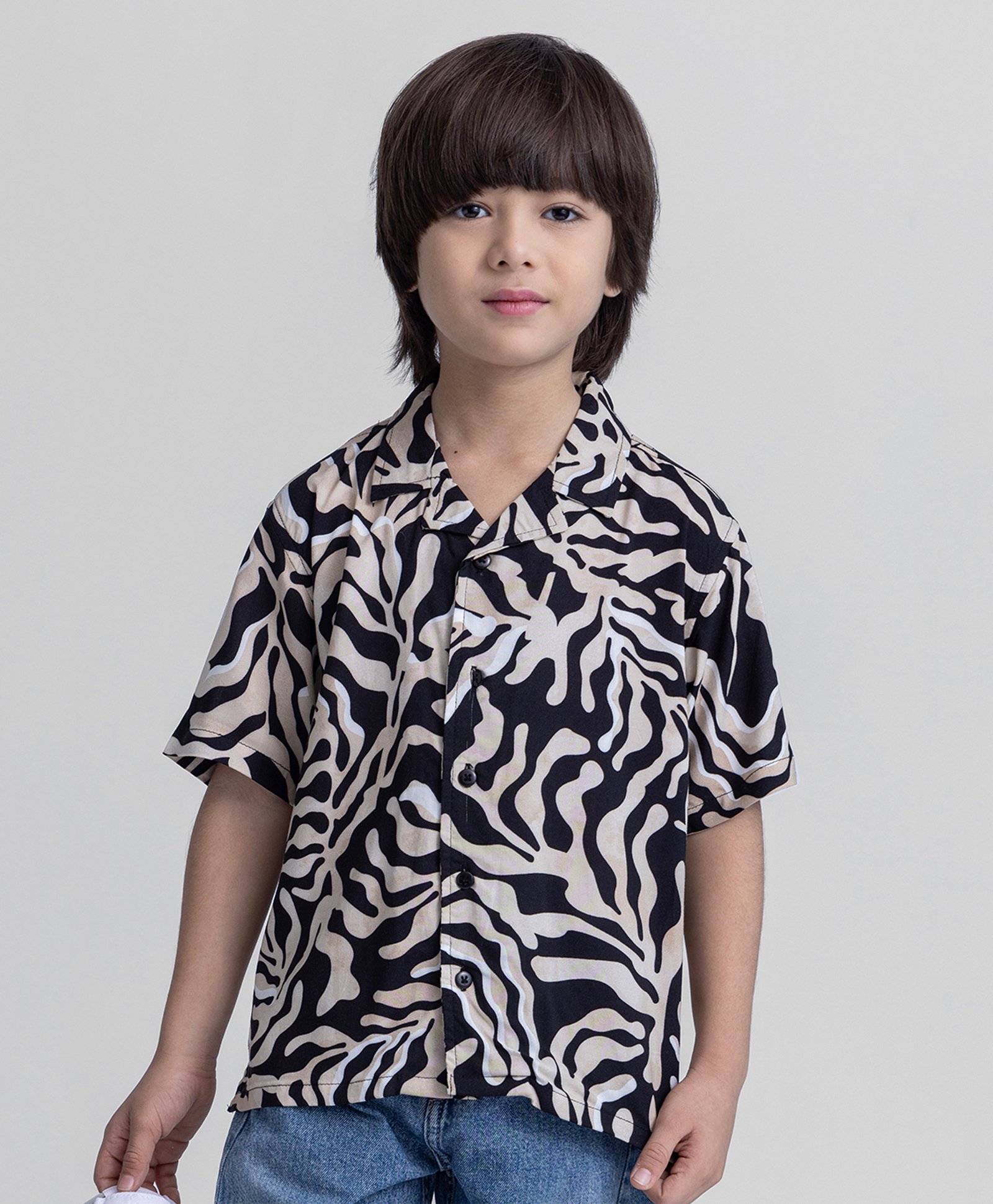 Taffykids Cotton Half Sleeves Abstract Printed Oversized Shirt - Black & Beige-picture-17