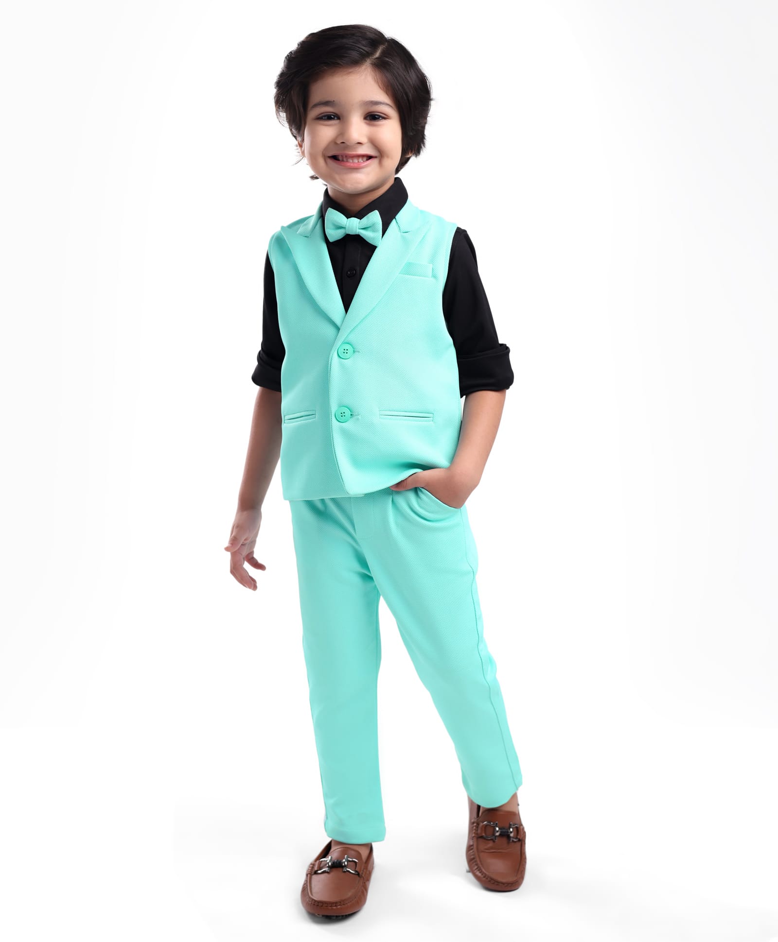 Babyhug Knit Full Sleeves Solid Color 3 Piece Party Suit with Bow - Navy Blue-picture-26