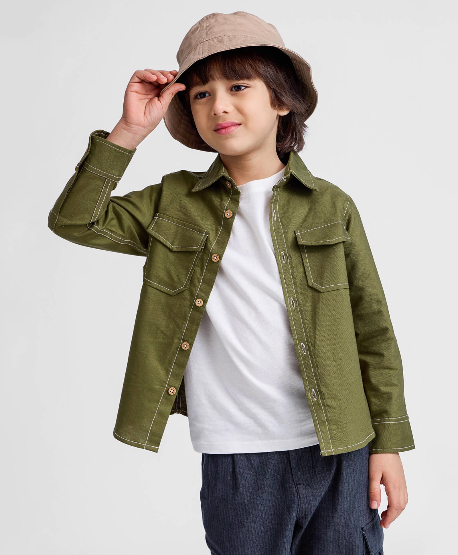 Taffykids Oxford Full Sleeves Solid Shirt - Olive Green-picture-14