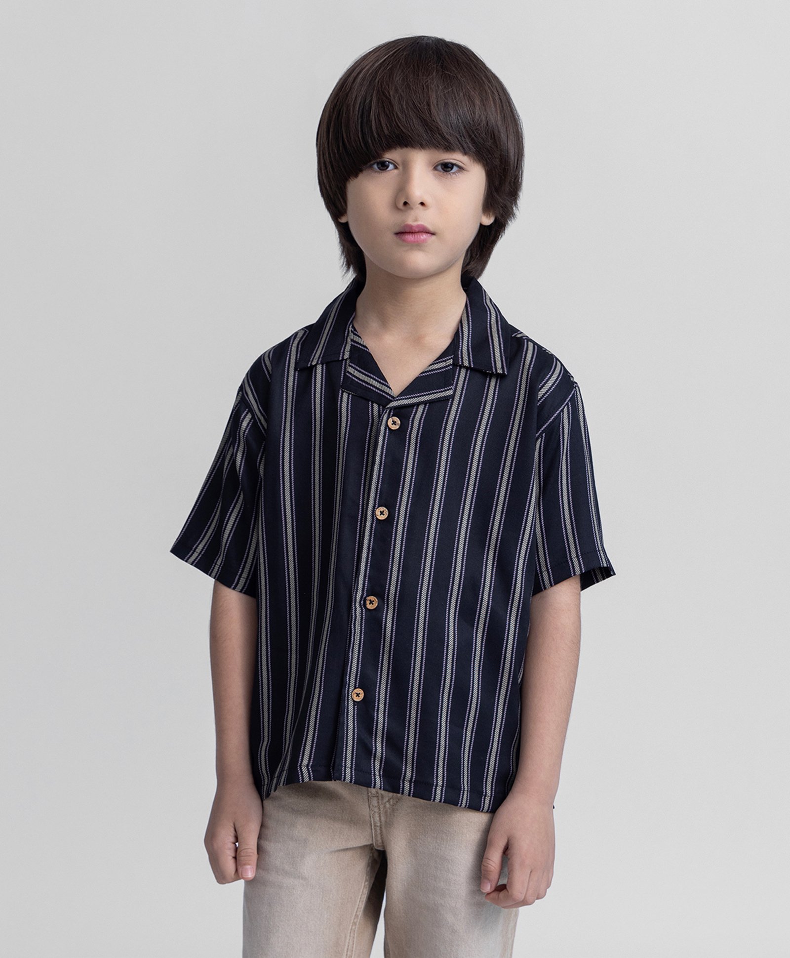 Taffykids Twill Half Sleeves Striped Oversize Shirt - Black-picture-19
