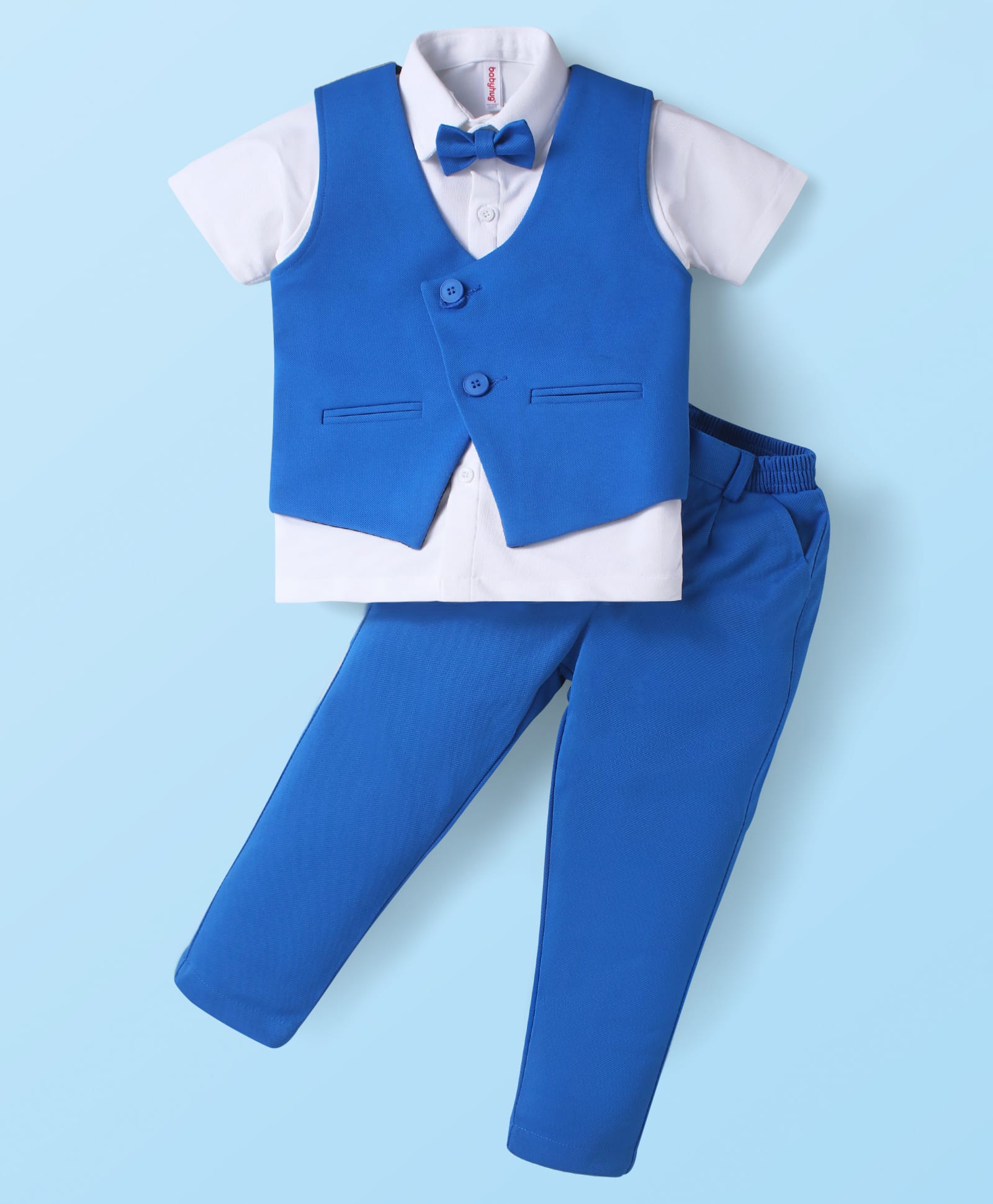 Babyhug Knit Half Sleeves Solid Color 3 Piece Party Suit with Bow - White & Blue-image-5