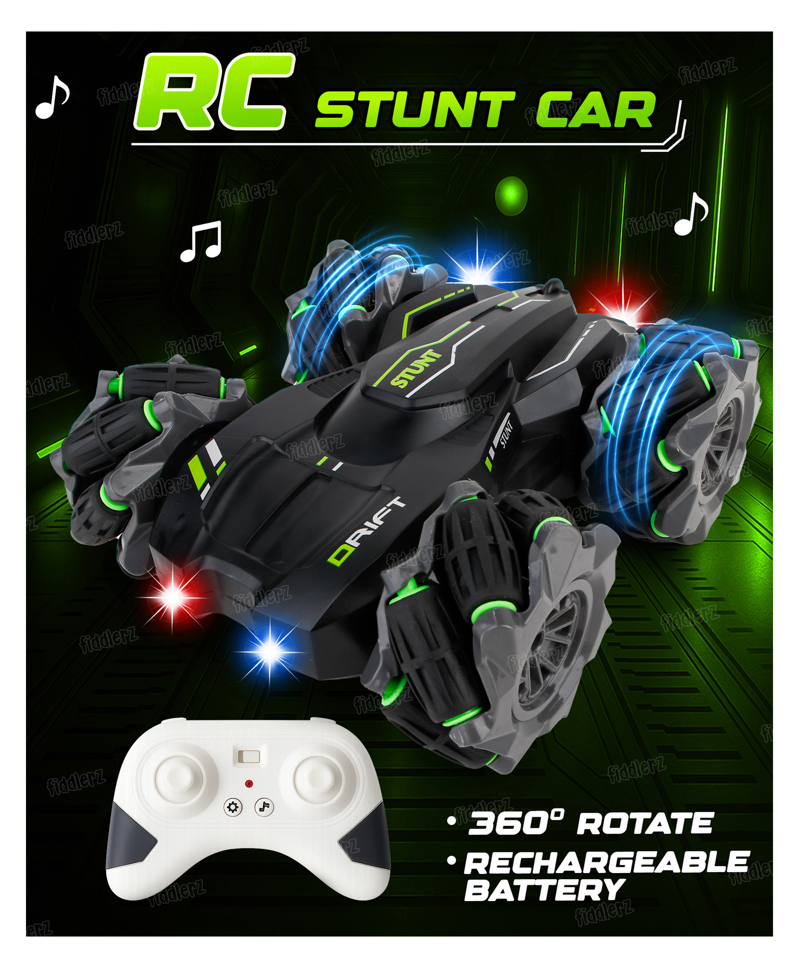 Fiddlerz Remote Control Stunt Car Double Sided Driving RC Stunt Drift Car Toy for Kids 4 Wheel Drive Remote Control Racing 360° Rotation Rechargeable Battery(Green Black)-image-21