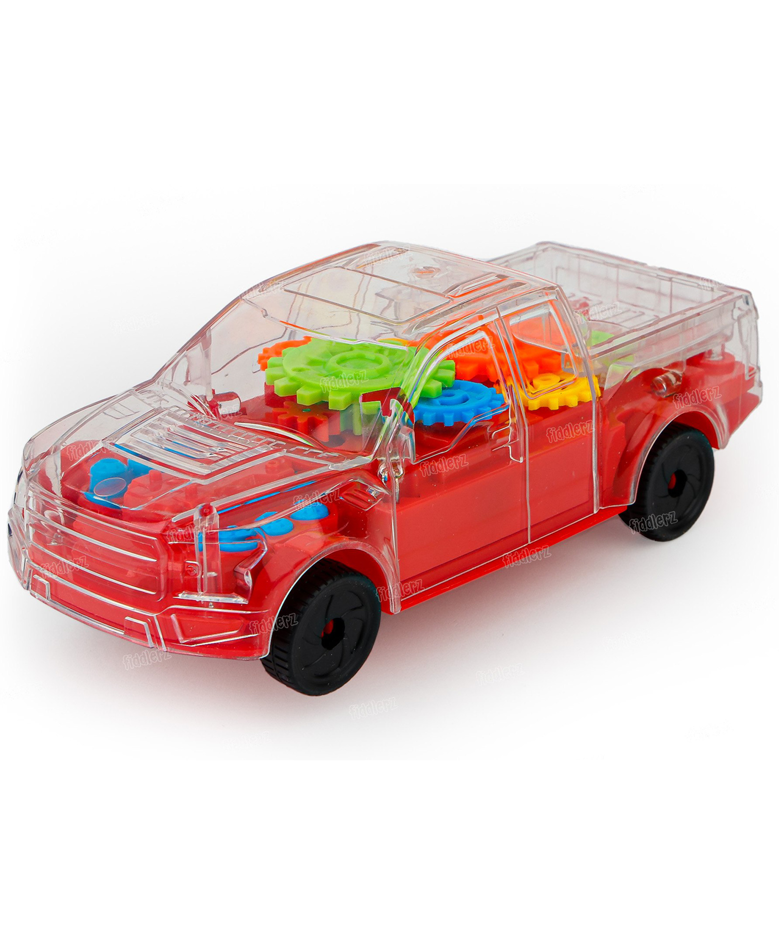 Fiddlerz Musical Transparent Gear Truck Toy for Kids Interactive Play with Colorful Moving Gears Bump & Go Action Battery Operated with Sticker Perfect Gift for Boys and Girls - Red-picture-14