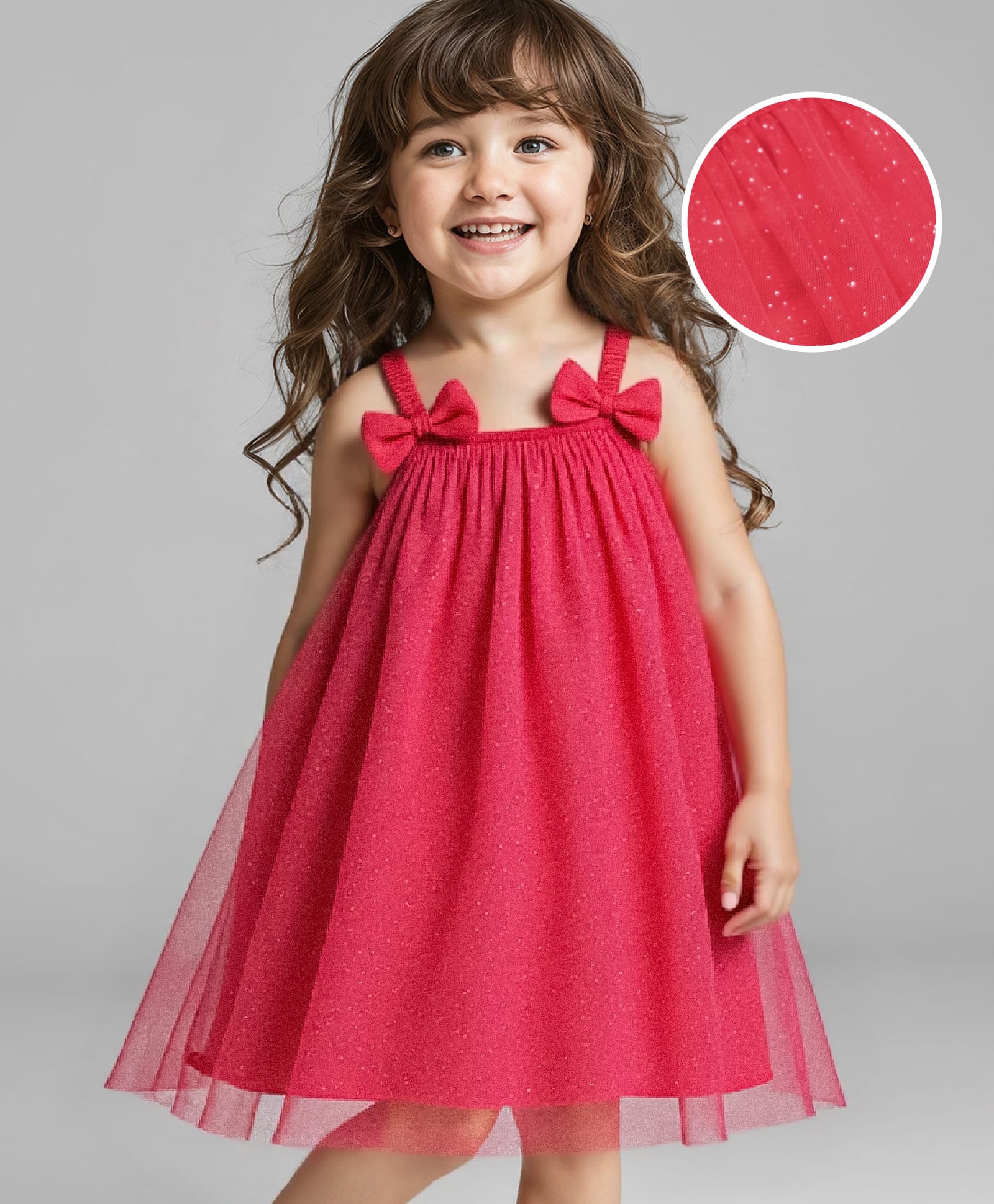 Babyhug Woven Sleeveless Shimmer Party A LineFrockWith Ruffles Bow Applique - Coral-image-17