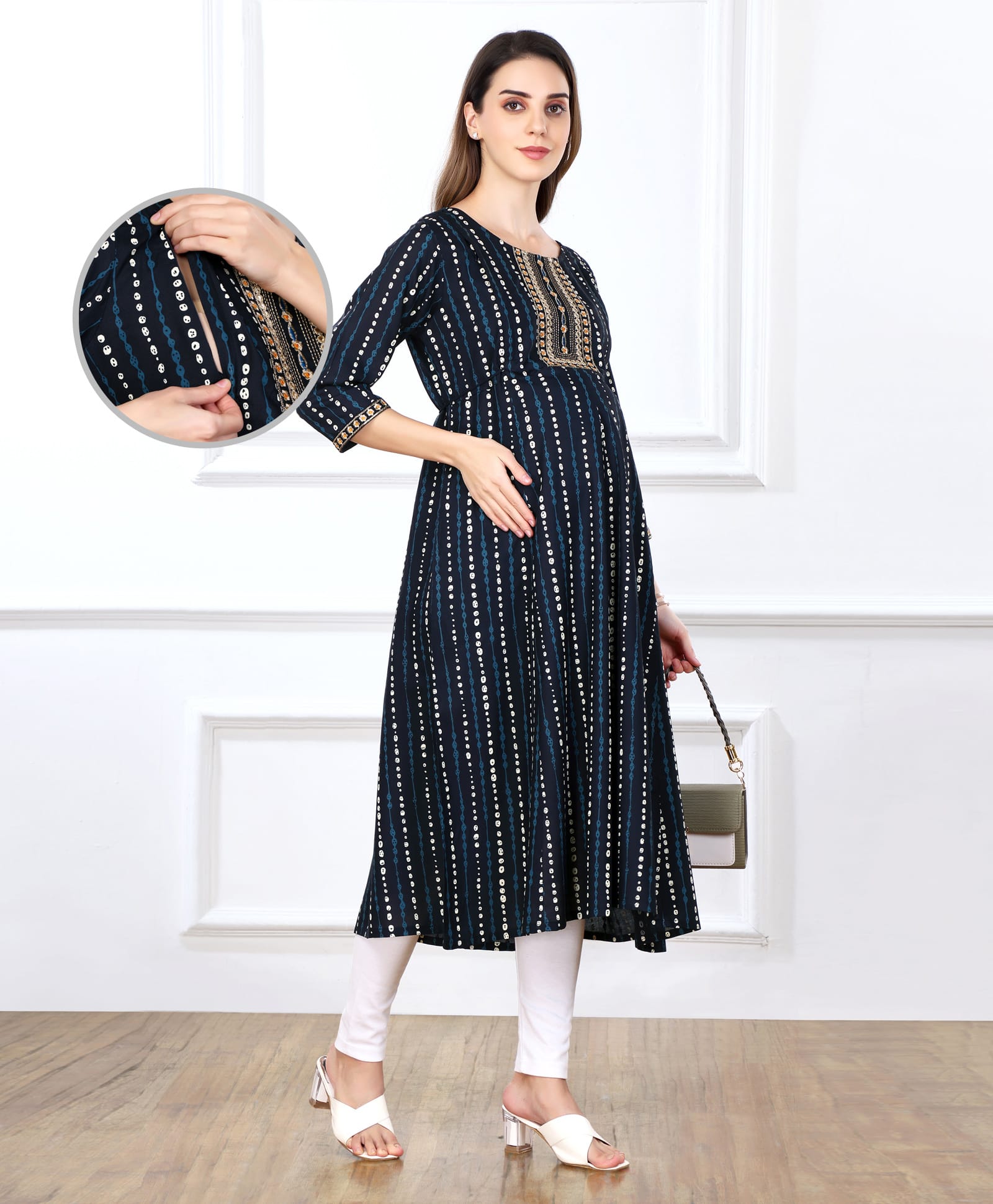 Bella Mama Woven Three Fourth Sleeves Printed Maternity Kurta WithEmbroidered Yoke & Pocket - Navy Blue-picture-2