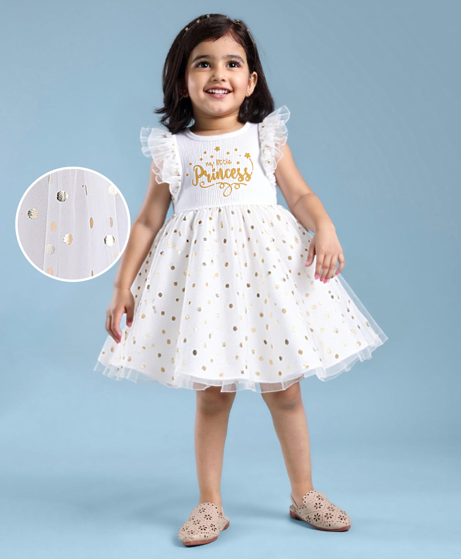 Babyhug Woven Sleeveless Mesh Fit And Flare Party Dress With Foil Text Print - White-image-20