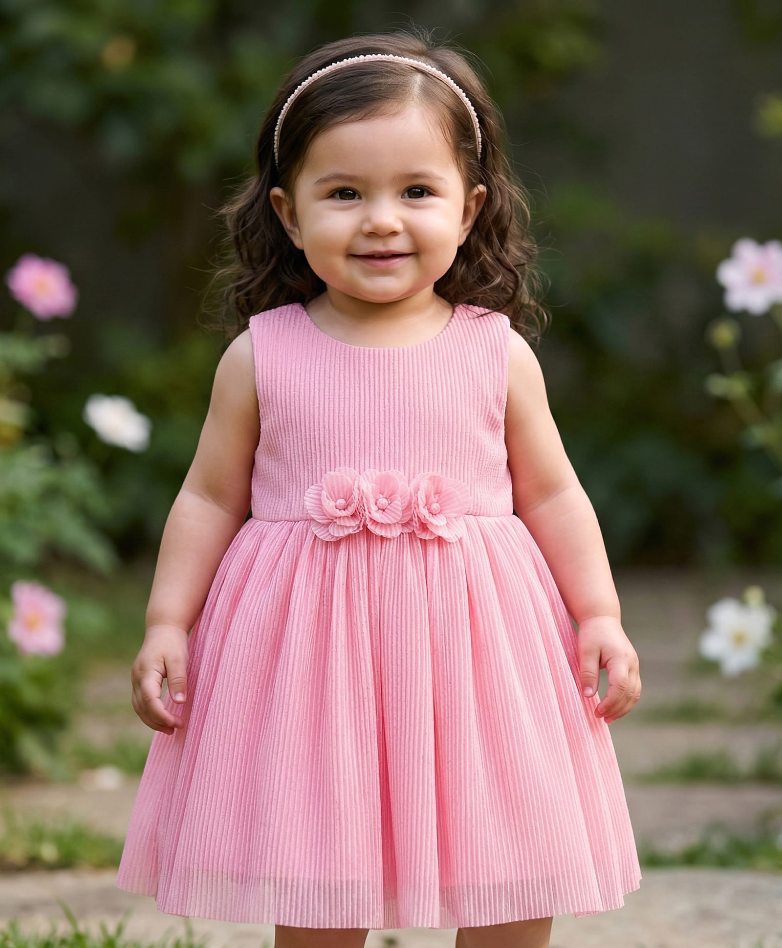 Babyhug Woven Sleeveless Fit & Flare Pleated Solid Color Party Dress with Floral Corsage - Pink-image-28
