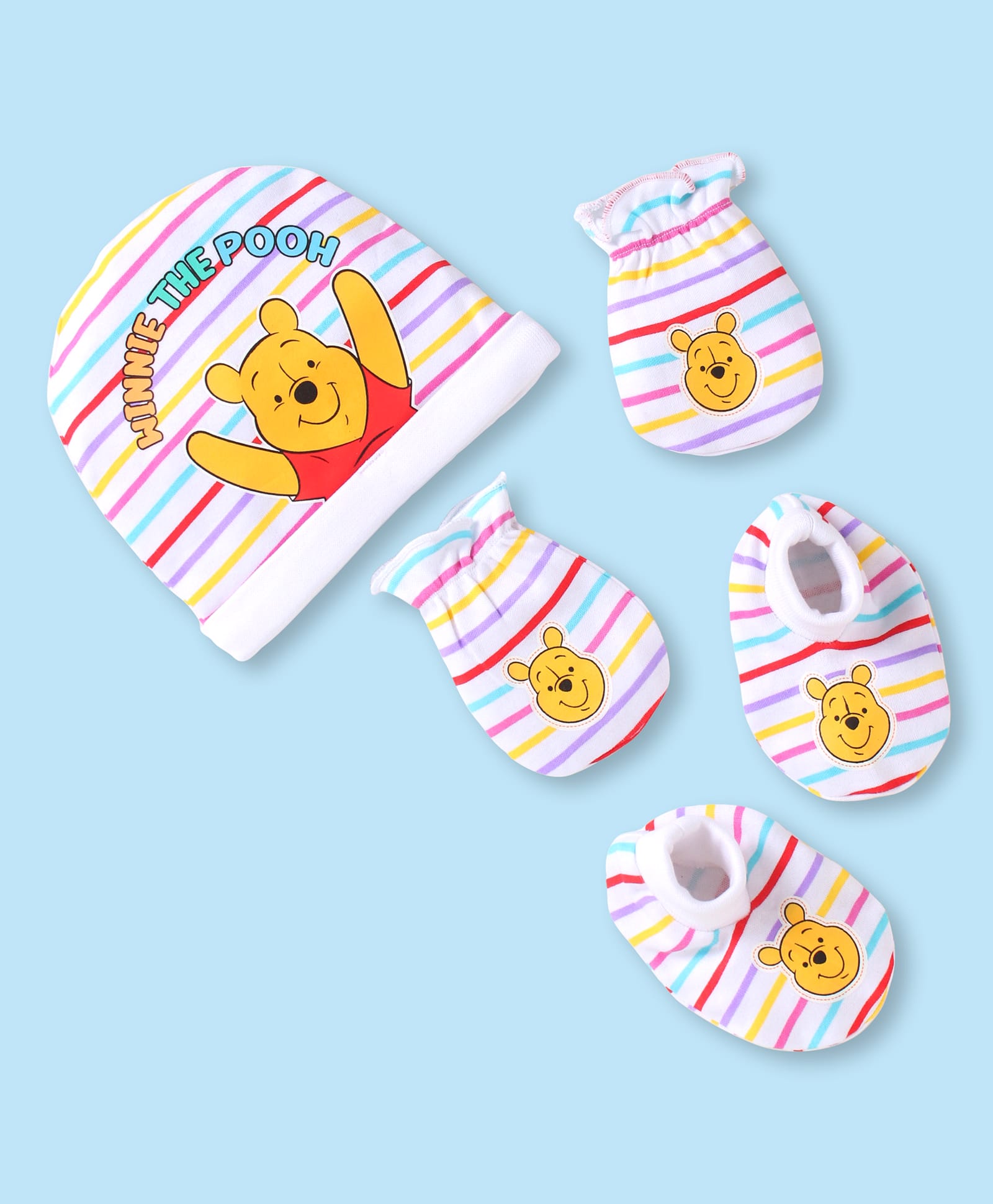Babyhug Disney Interlock Knit Cap Mittens & Booties With Winnie The Pooh Print - White-picture-28