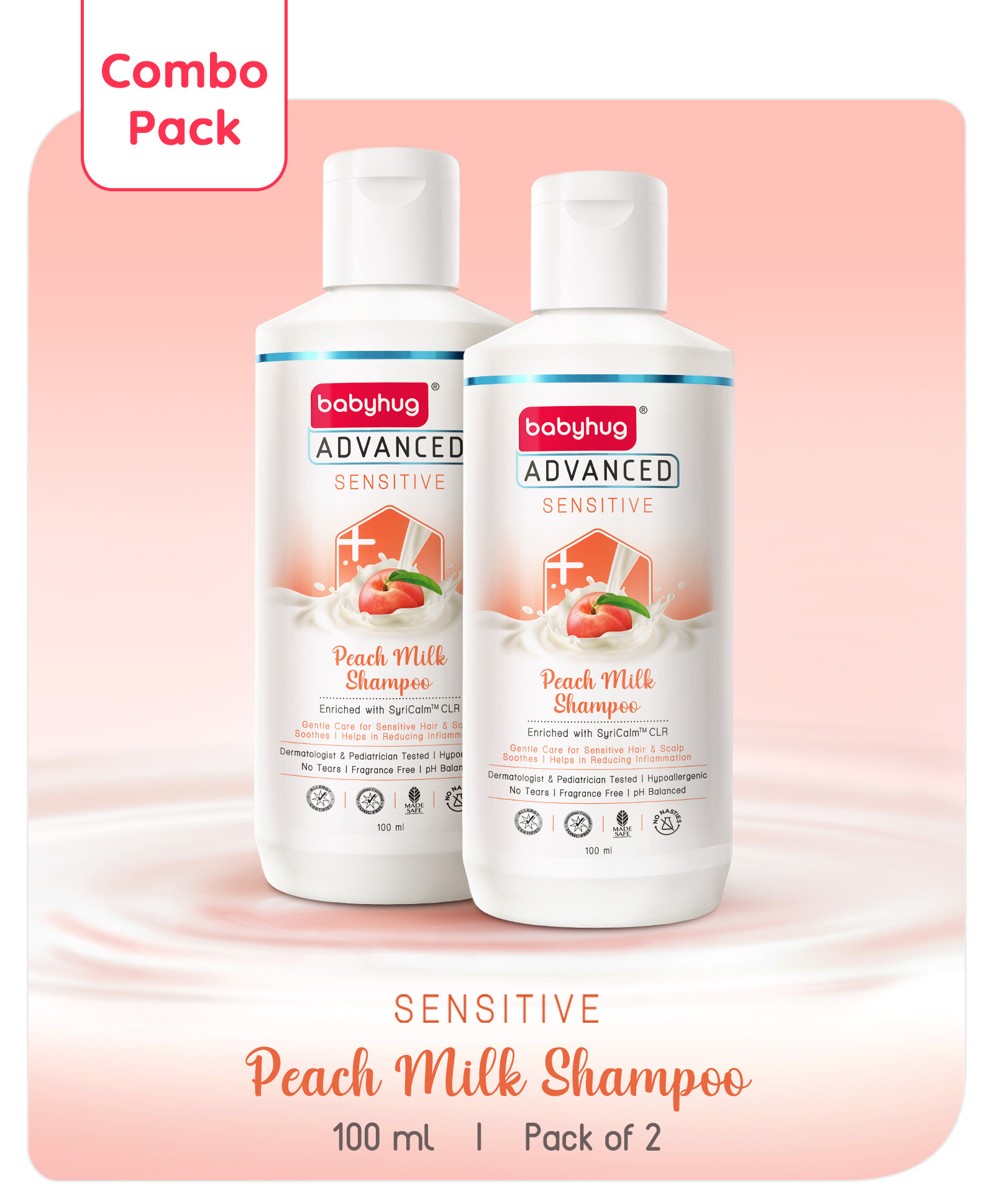 Babyhug Advanced Sensitive Peach Milk Shampoo No Tear Formula Suitable For Newborn Baby Pack of 2 - 100 ml each