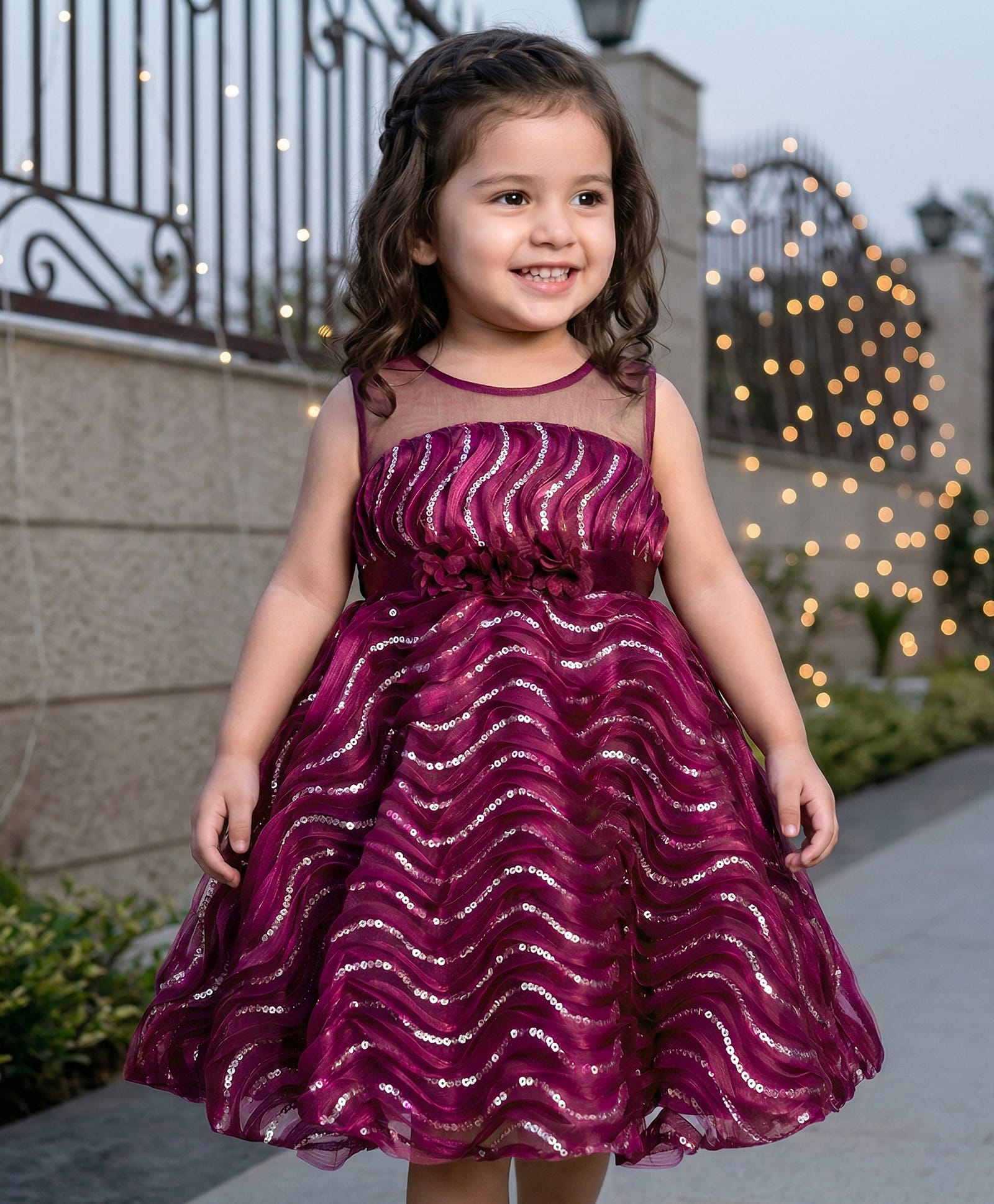 Babyhug Woven Sleeveless Dress With Sequin Detailing and Floral Applique - Wine-image-44
