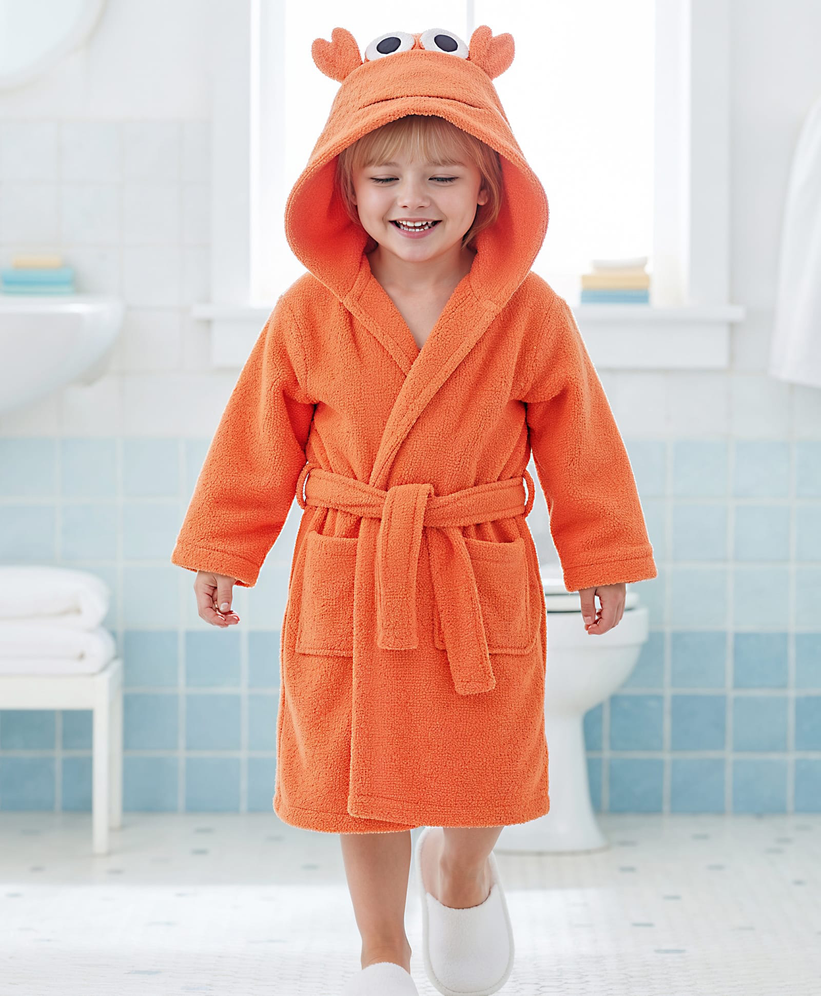 Babyhug Velour Knit Full Sleeves Bath Robe With Lobster Embroidery - Orange-image-15