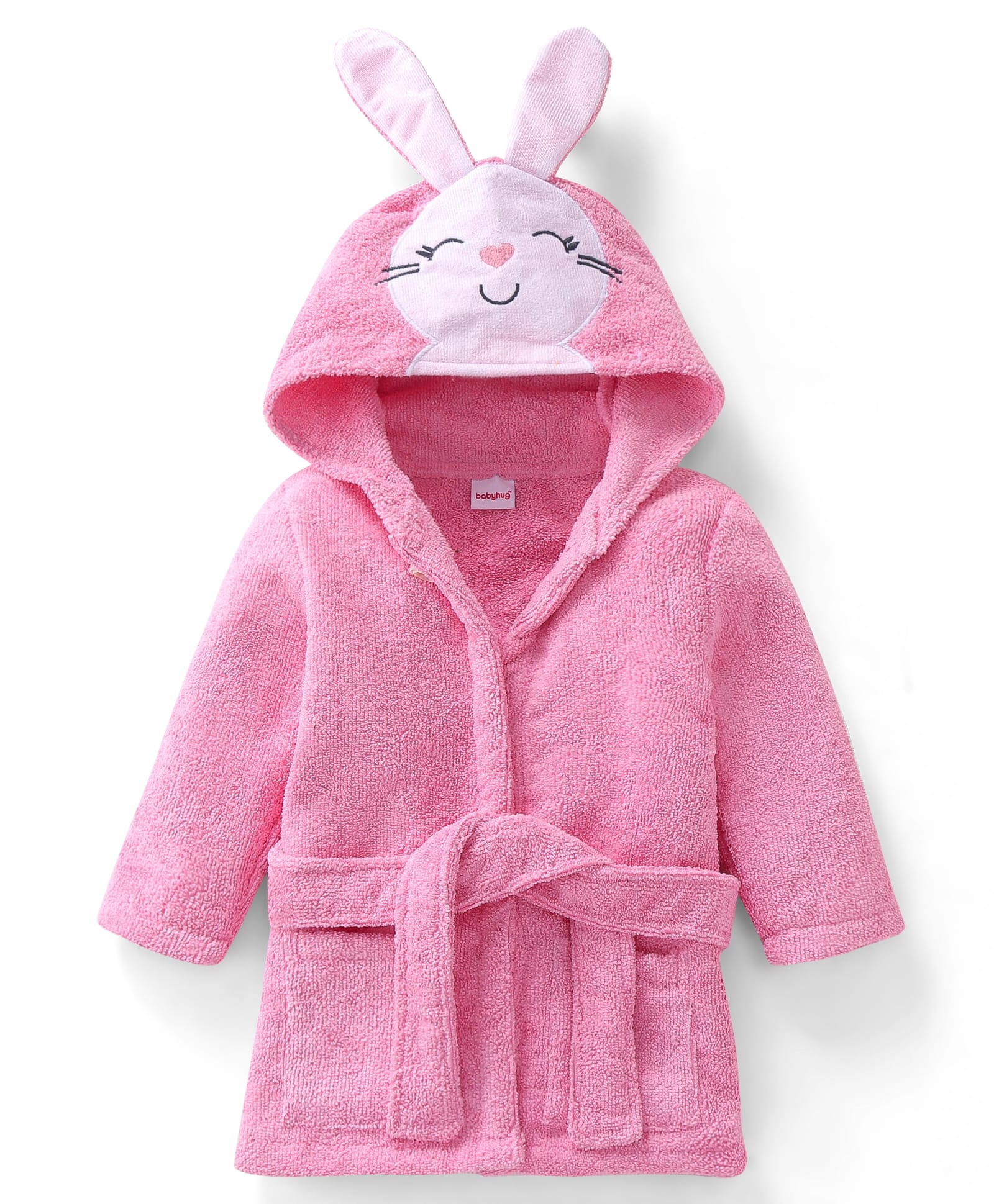 Babyhug Microfiber Terry Knit Full Sleeves Hooded Bath Robe With Bunny Ears Applique Embroidery - Pink-image-25