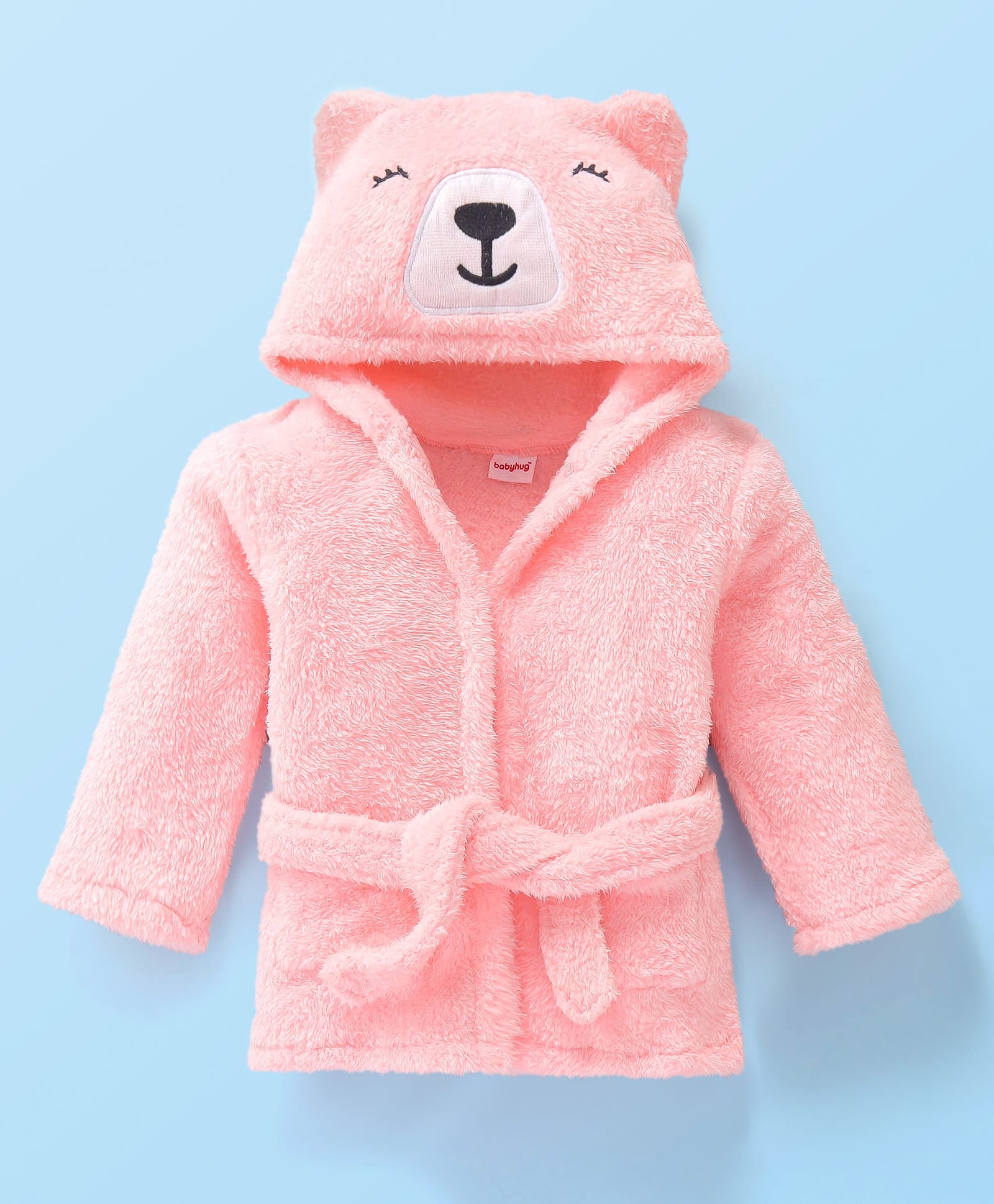 Babyhug Velour Knit Full Sleeves Hooded Bath Robe With Bear Embroidery - Pink-picture-27