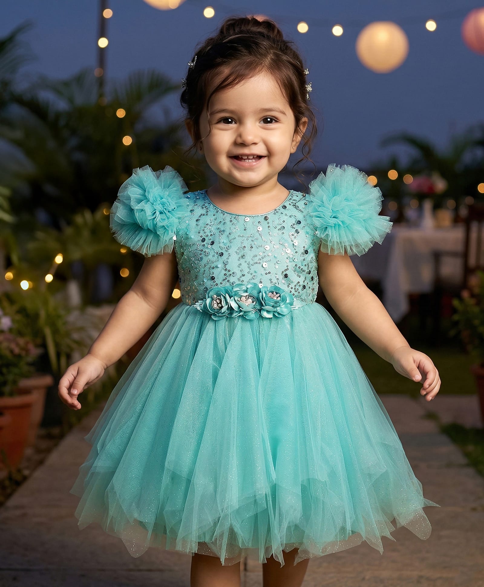 Babyhug Woven Sleeveless Mesh Party Dress With Sequinned Yoke & Ruffles on Sleeves - Sea Green-image-11