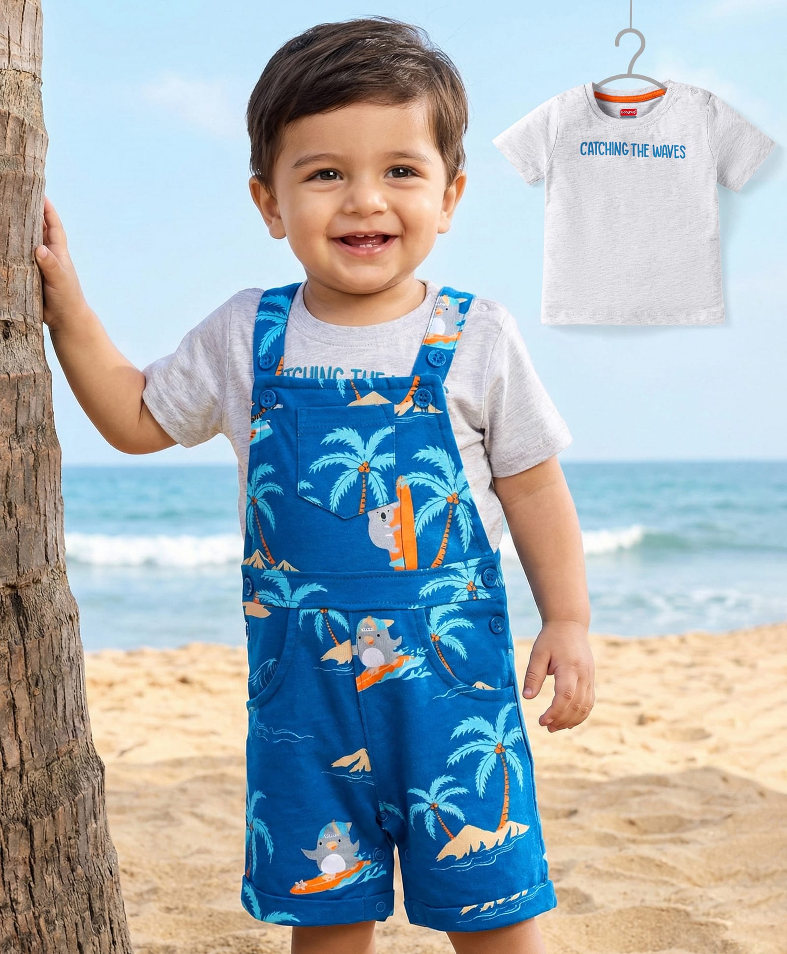 Babyhug Single Jersey Knit Half Sleeves T-Shirt & Dungaree with Beach Theme Print - Blue-picture-19