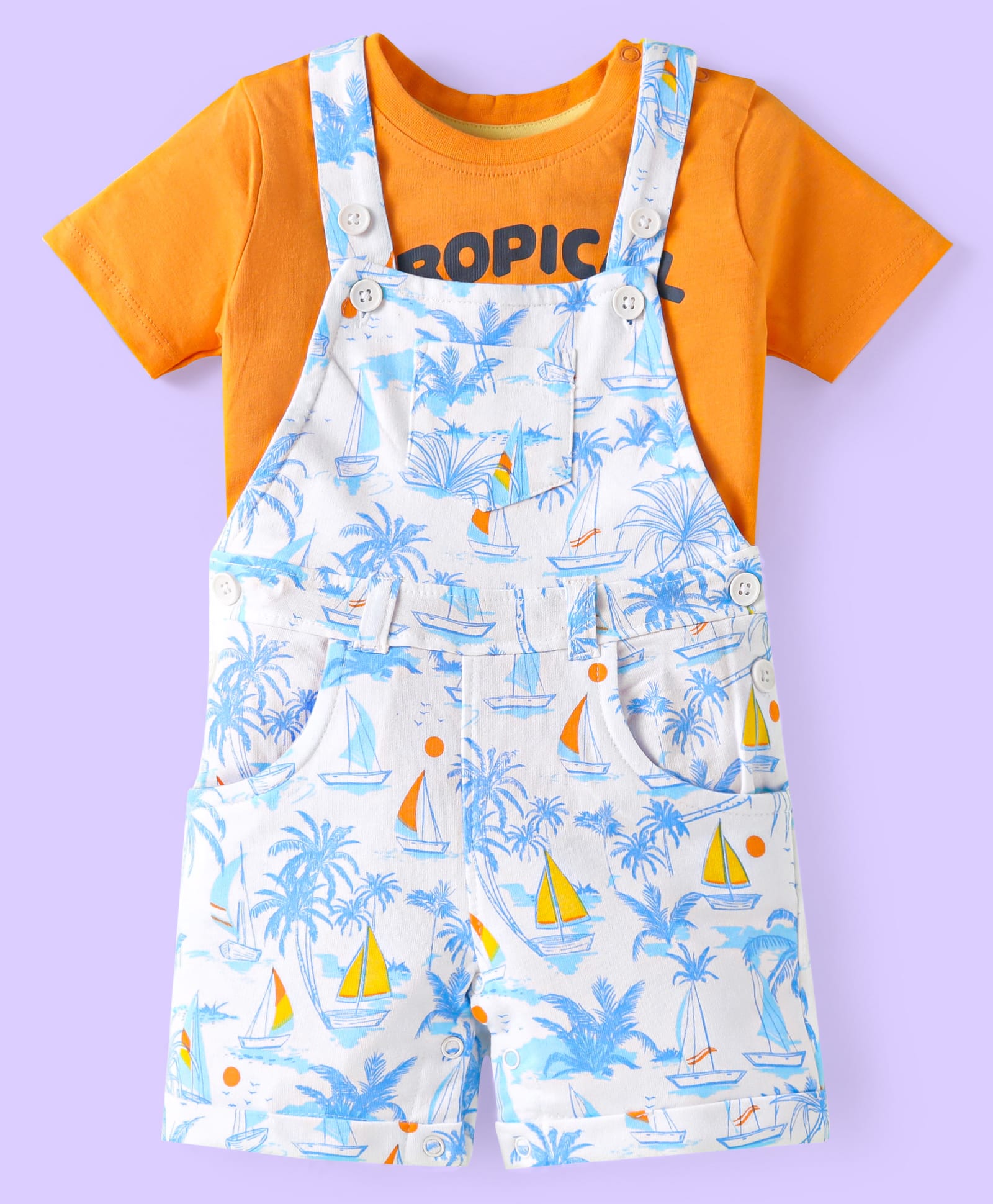 Babyhug Single Jersey Knit Half Sleeves T-Shirt & Dungaree with Beach Theme Print - White & Orange