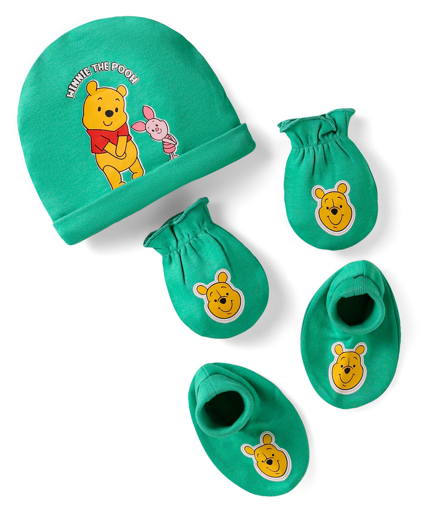 Babyhug Disney Interlock Knit Cap Mittens & Booties With Winnie The Pooh Print - Green-picture-15