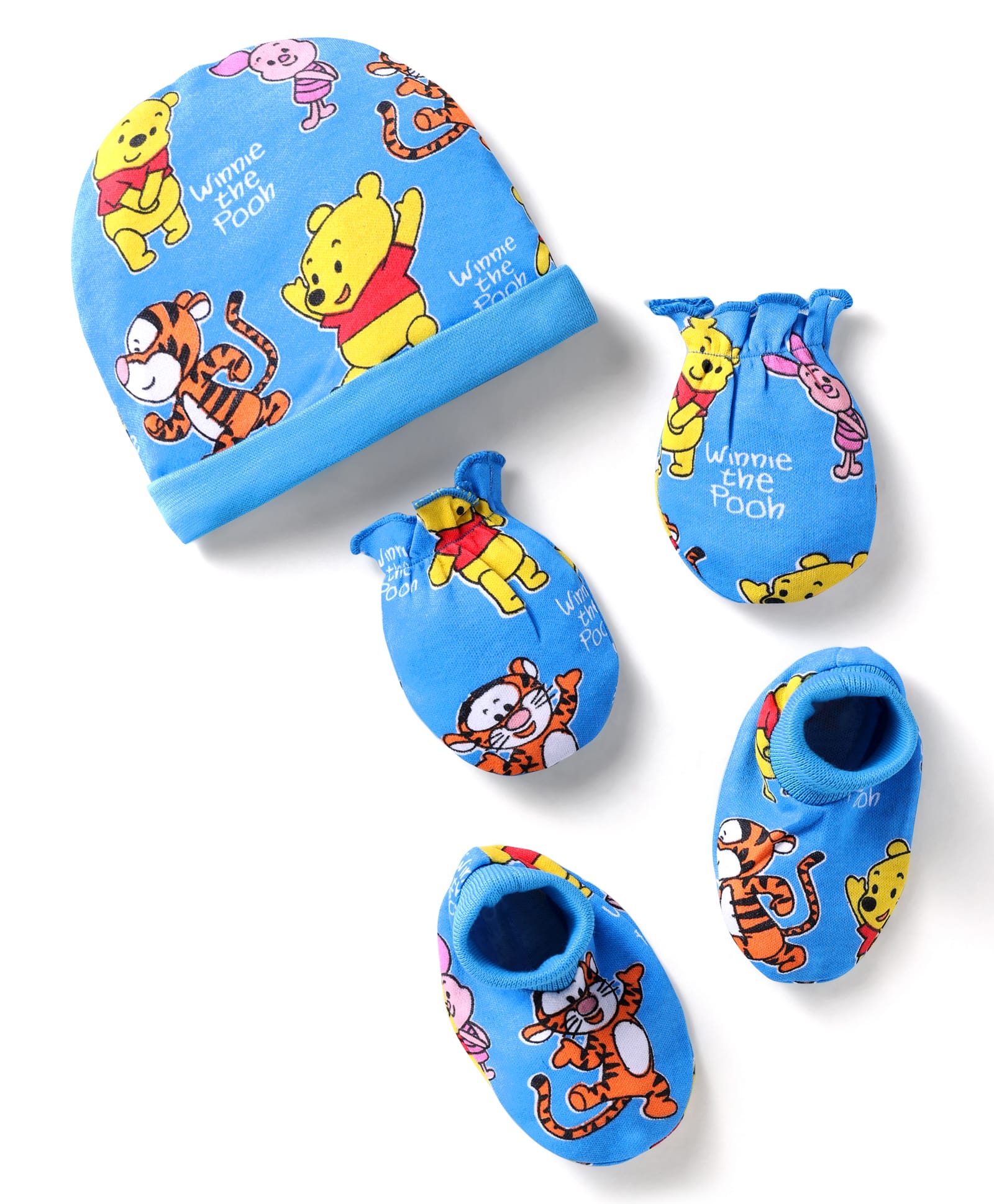 Babyhug Interlock Knit Caps Mittens & Booties Set With Winnie The Pooh Print - Blue-image-46