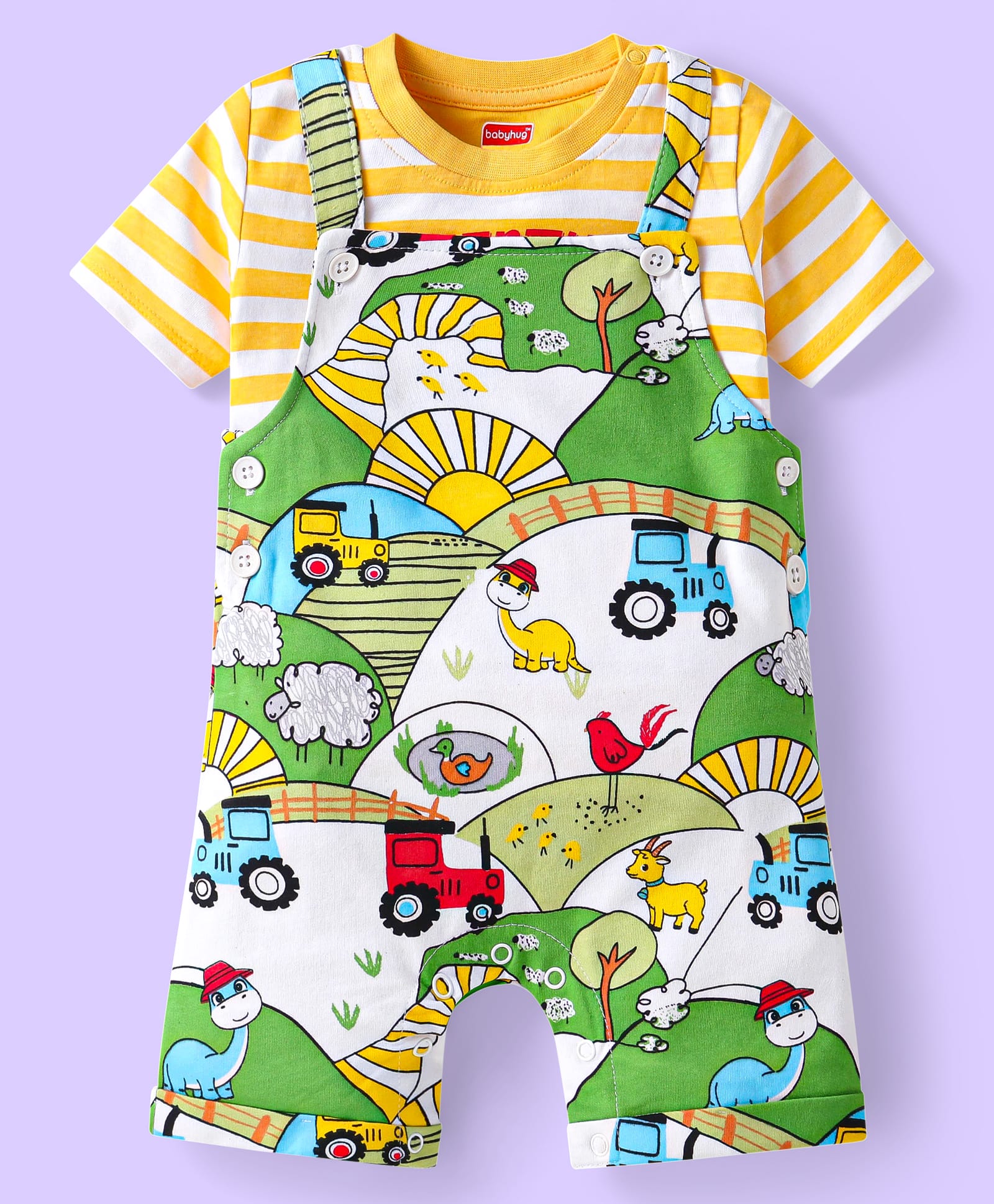 Babyhug Single Jersey Knit Dungaree & Half Sleeves Striped T-Shirt With Farm Print - Green & Yellow
