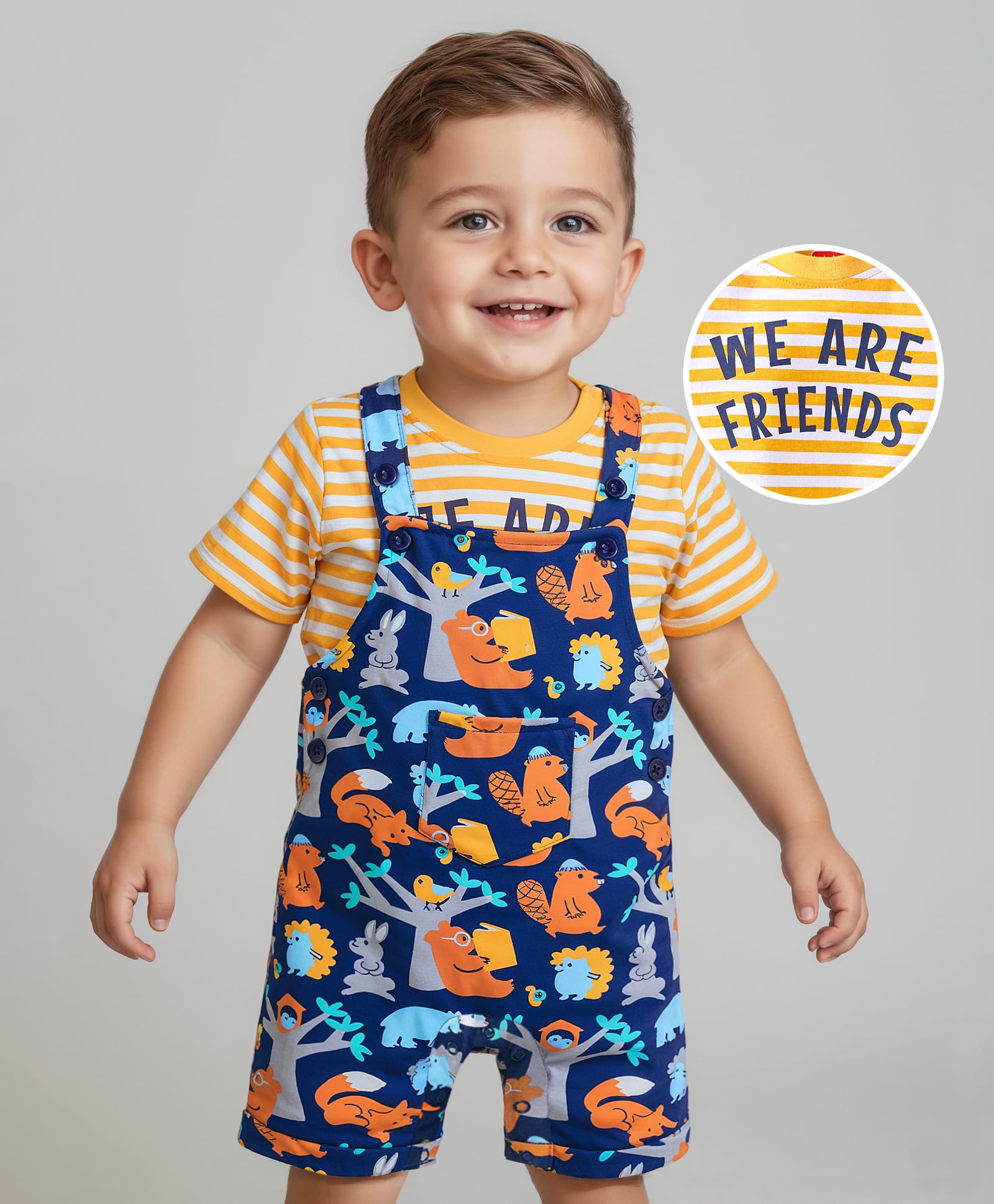 Babyhug Single Jersey Knit Half Sleeves Striped T-Shirt & Dungaree with Jungle Theme Print - Yellow & Navy Blue-image-35