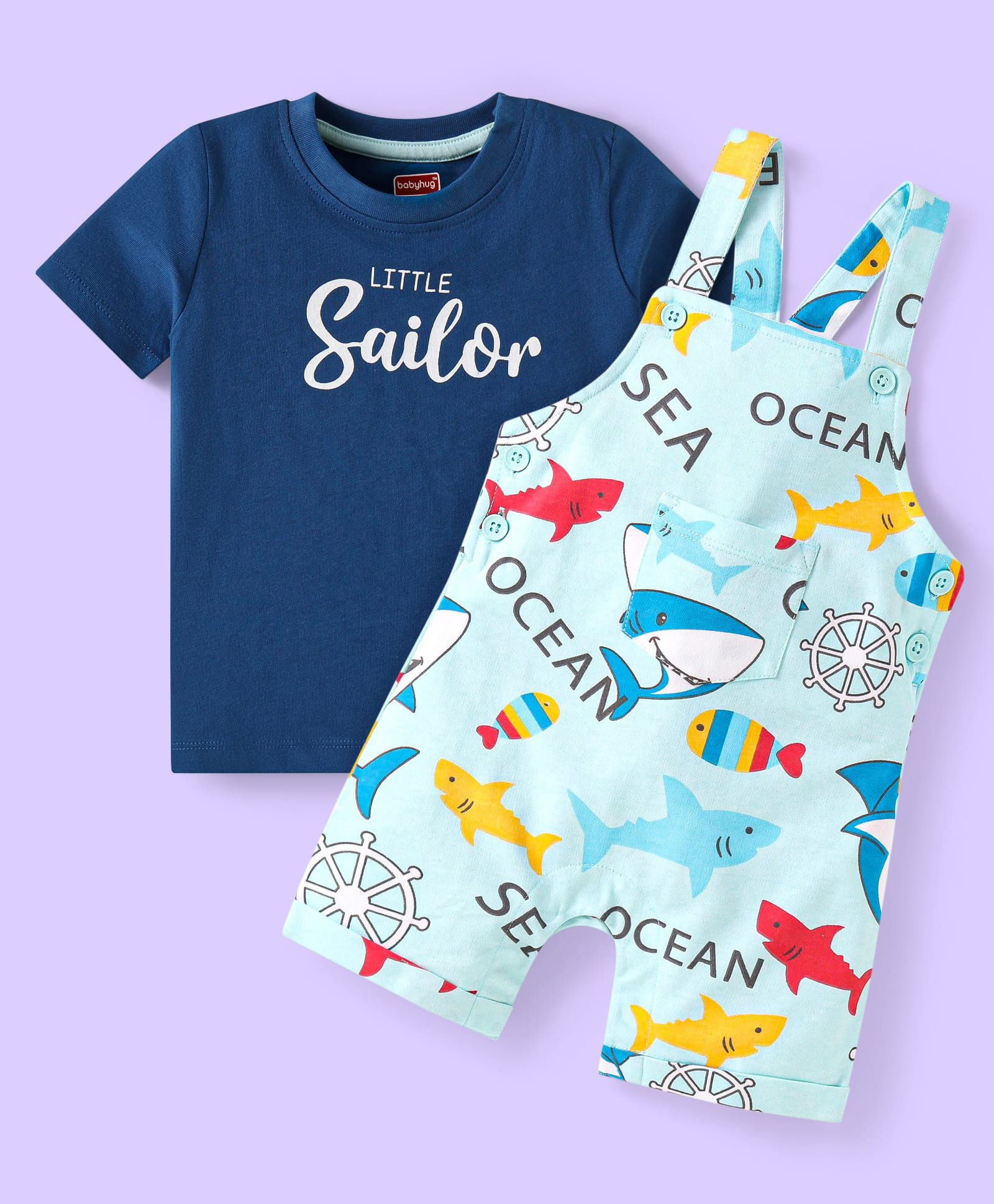 Babyhug Single Jersey Knit Dungaree & Half Sleeves T-Shirt With Shark Print - Light & Navy Blue-image-48