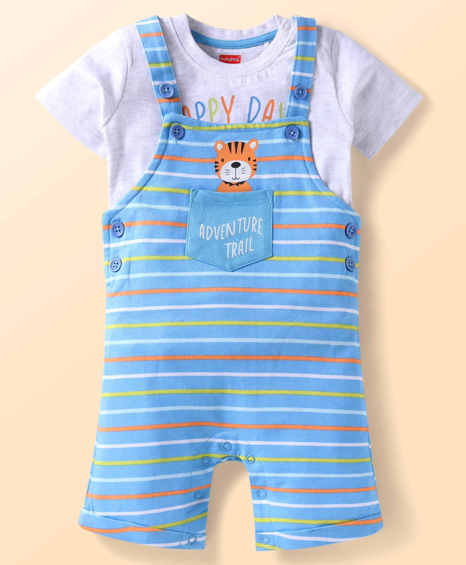 Babyhug Single Jersey Knit Half Sleeves T-Shirt & Dungaree with Text Print & Stripes - White & Light Blue-image-16