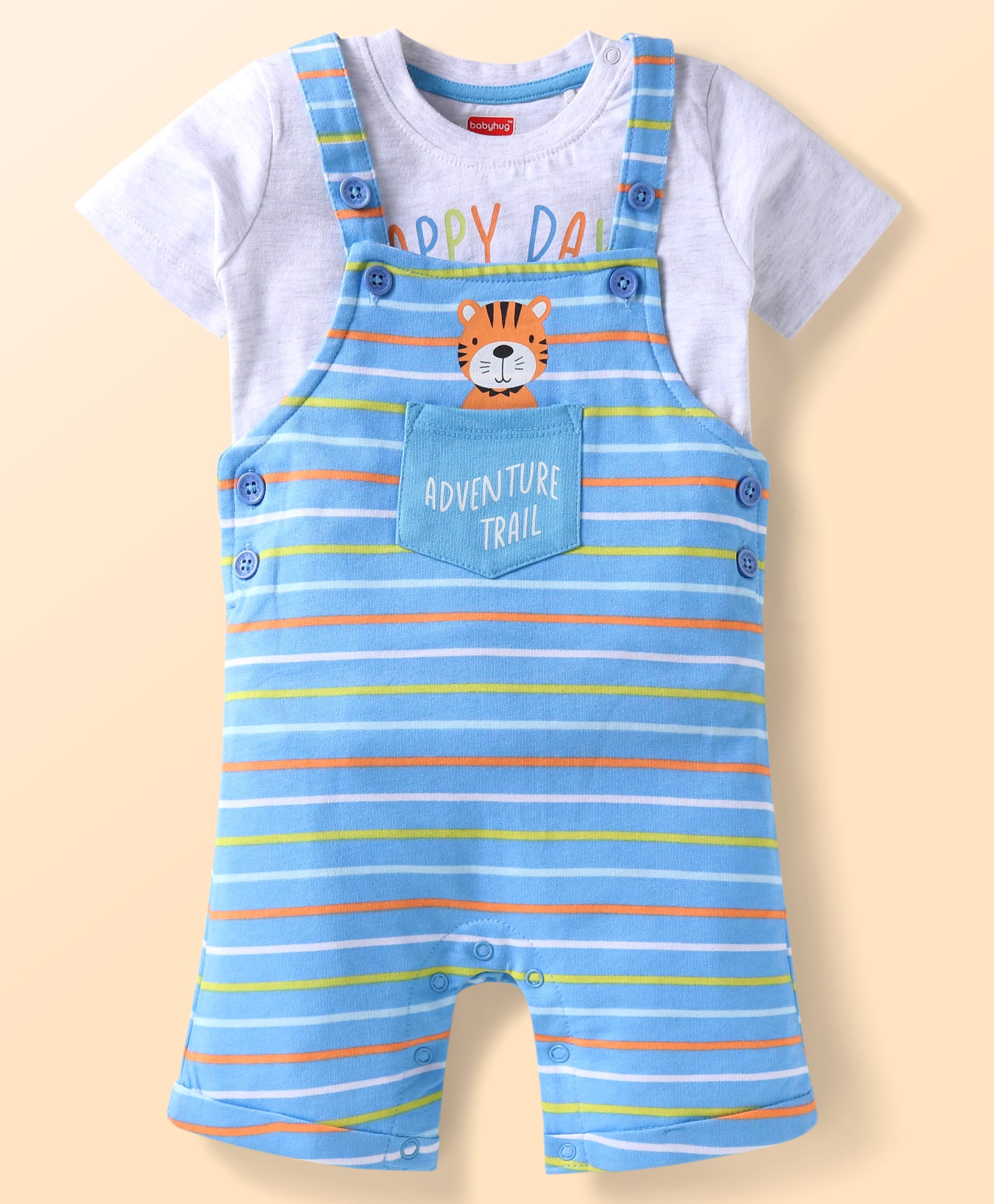 Babyhug Single Jersey Knit Half Sleeves T-Shirt & Dungaree with Text Print & Stripes - White & Light Blue-image-14