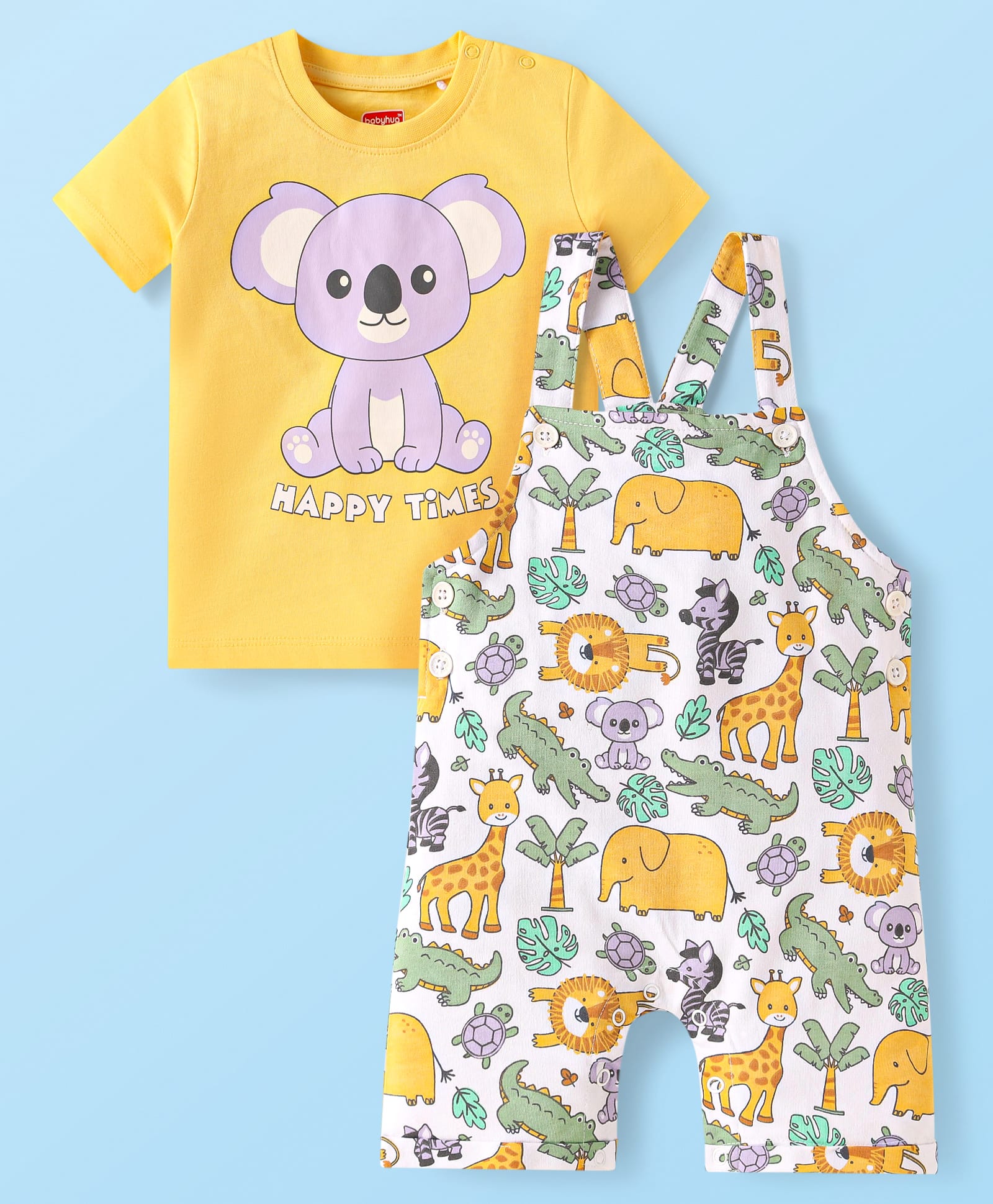 Babyhug Single Jersey Knit Dungaree & Half Sleeves T-Shirt With Animal Print - White & Yellow-picture-26
