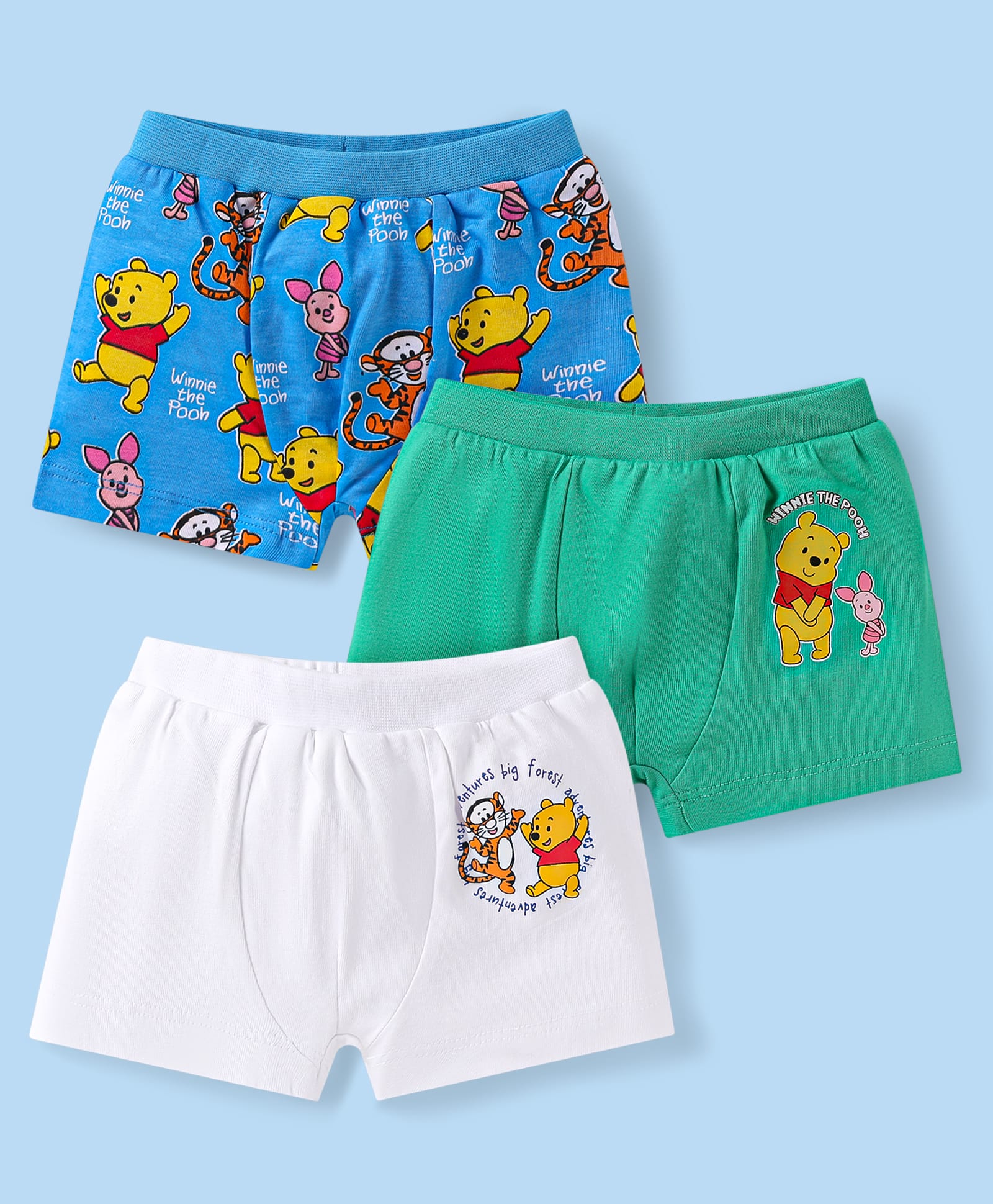 Babyhug Disney Interlock Knit Trunks with Winnie the Pooh Print Pack of 3 - Blue Green & White-image-11