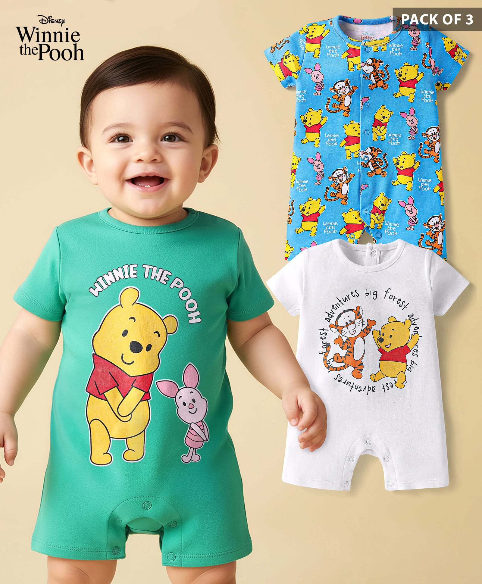 Babyhug Disney Interlock Knit Half Sleeves Rompers with Winnie the Pooh Graphics Pack of 3 - White Green & Light Blue-picture-22