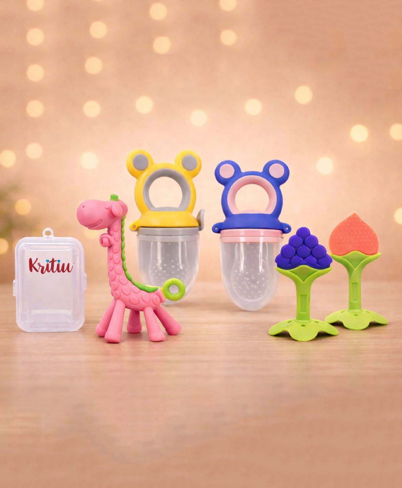 Kritiu Baby Silicone Teether Fruit Nibbler & Combo Pack Of 5 Non Toxic BPA Free Teething Toys - Multicolor-picture-8
