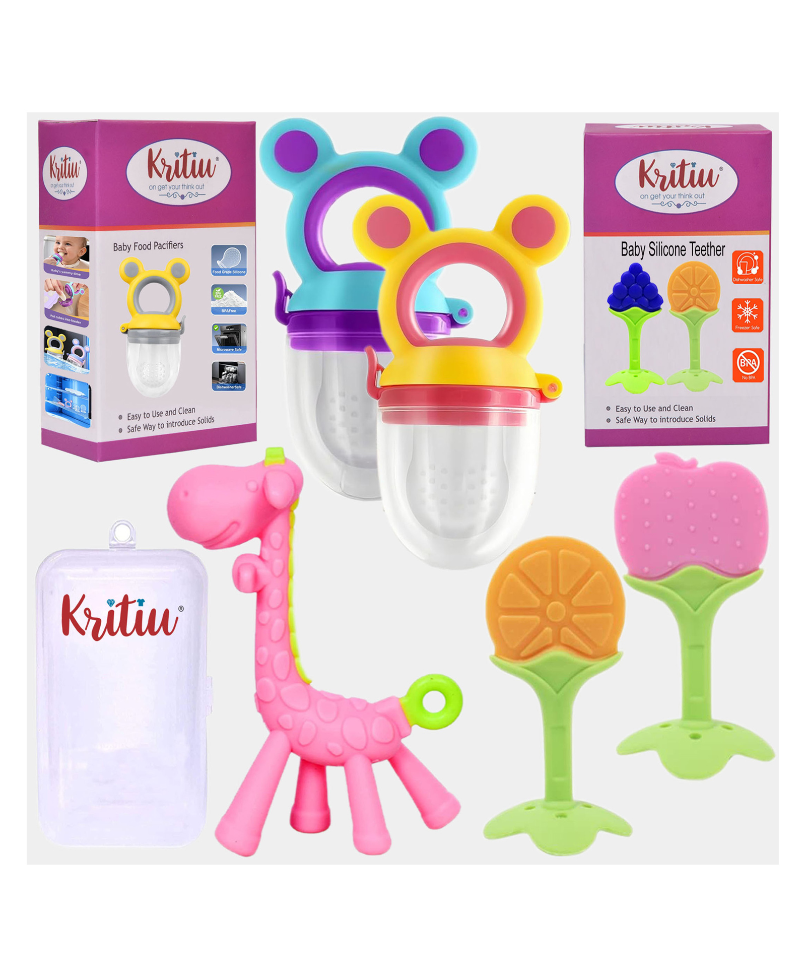 Kritiu Baby Silicone Teether Fruit Nibbler & Combo Pack Of 5 Non Toxic BPA Free Teething Toys - Multicolor-picture-24