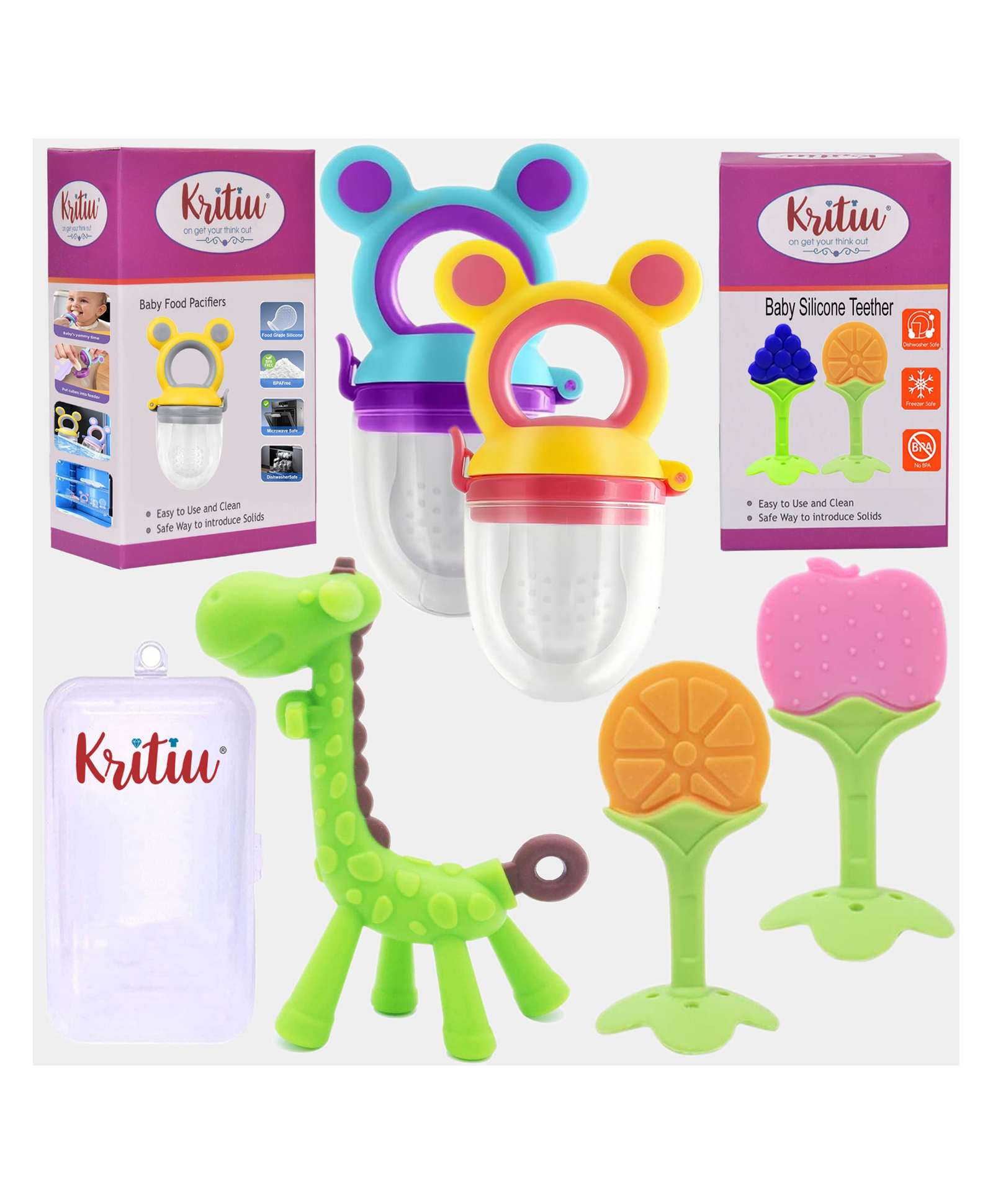 Kritiu Baby Silicone Teether Fruit Nibbler & Combo Pack Of 5 Non Toxic BPA Free Teething Toys - Multicolor-picture-11
