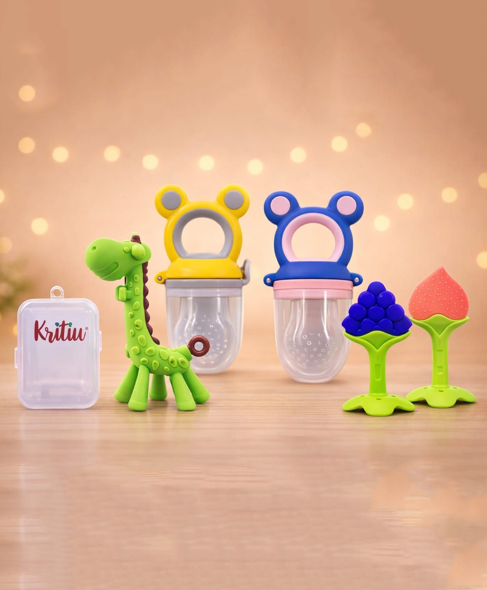 Kritiu Baby Silicone Teether Fruit Nibbler & Combo Pack Of 5 Non Toxic BPA Free Teething Toys - Multicolor-picture-23