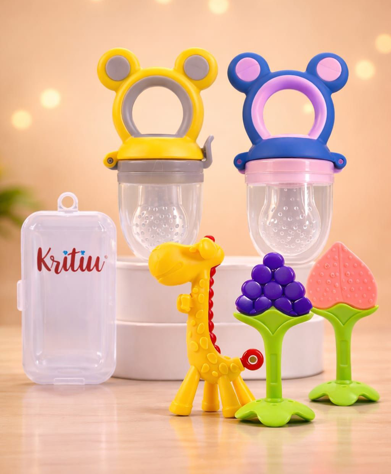 Kritiu Baby Silicone Teether Fruit Nibbler & Combo Pack Of 5 Non Toxic BPA Free Teething Toys - Multicolor-picture-10